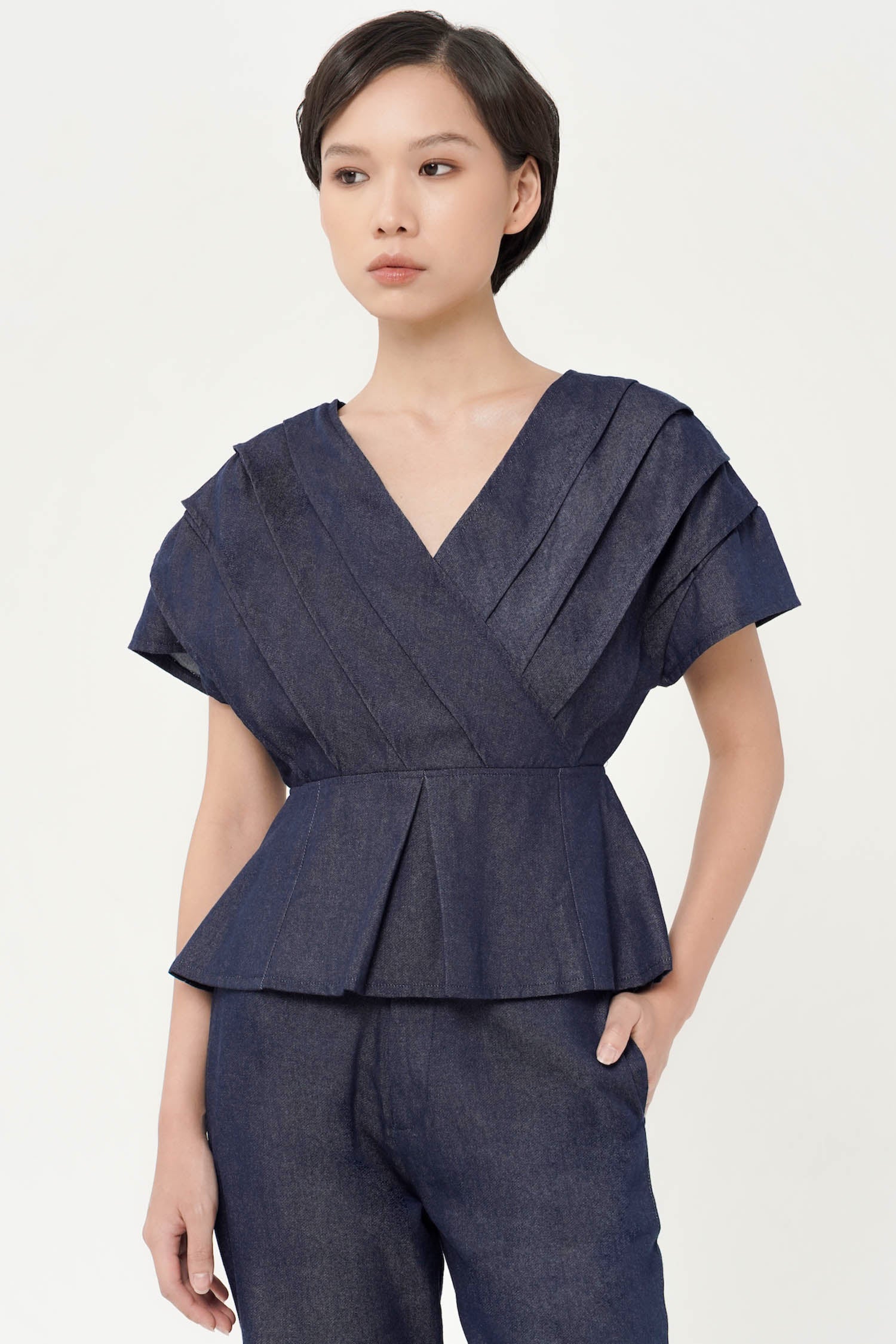 Branko Faux Wrap Top In Denim