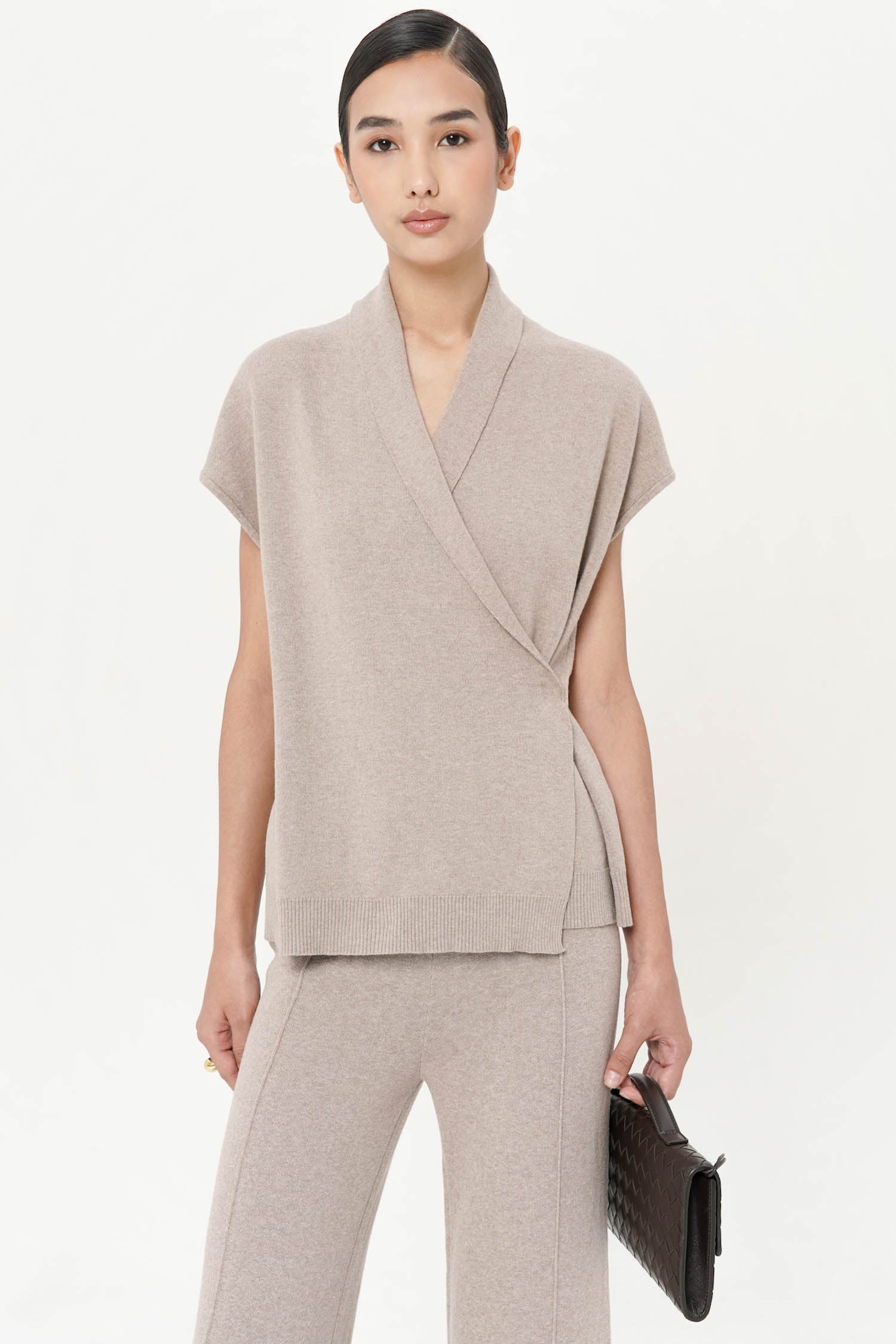 Eira Wrap Top In Taupe Knit