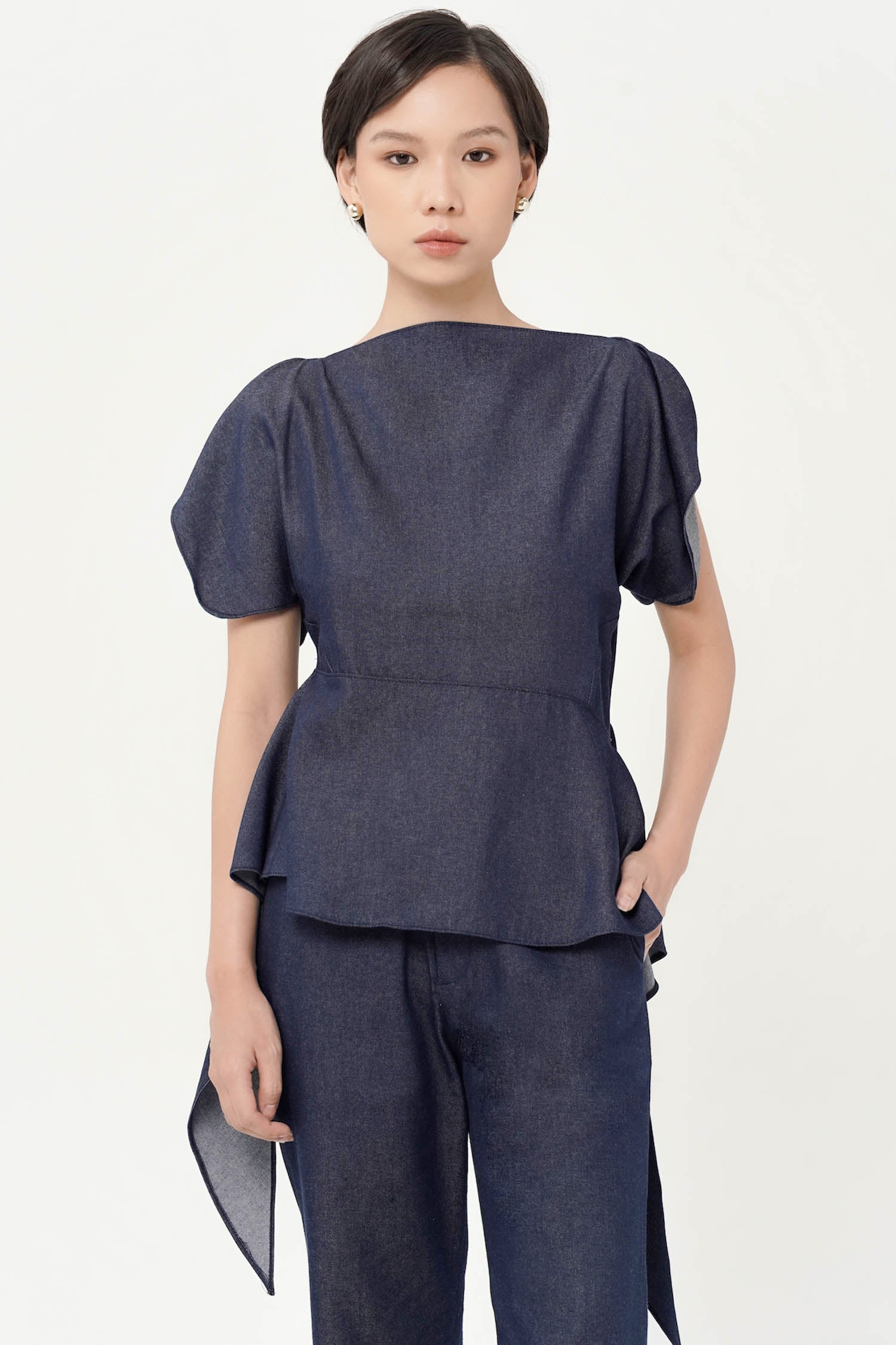 Faber Handkerchief Peplum Top In Denim
