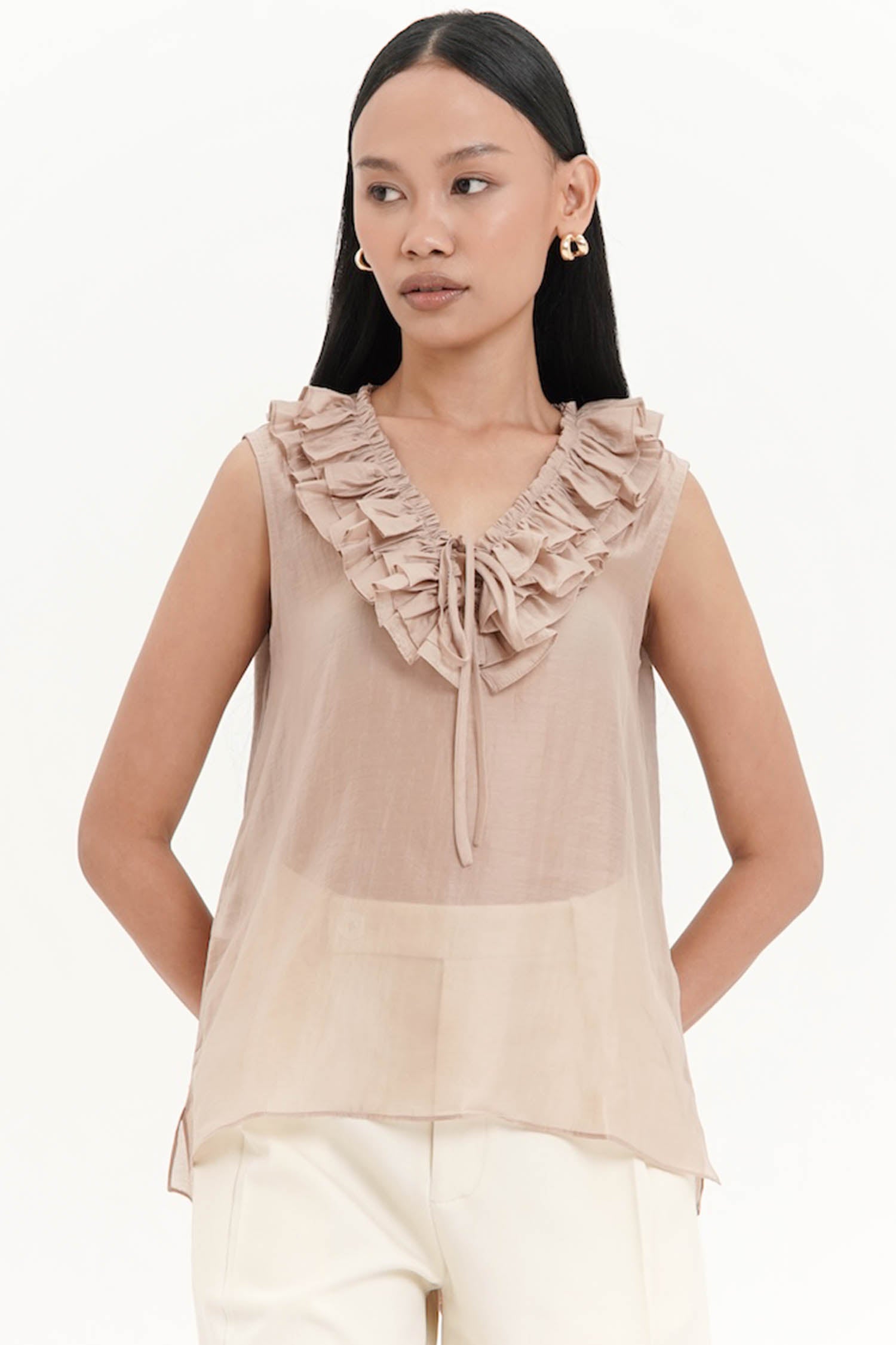 Madeline Sleeveless Ruffle Top In Beige