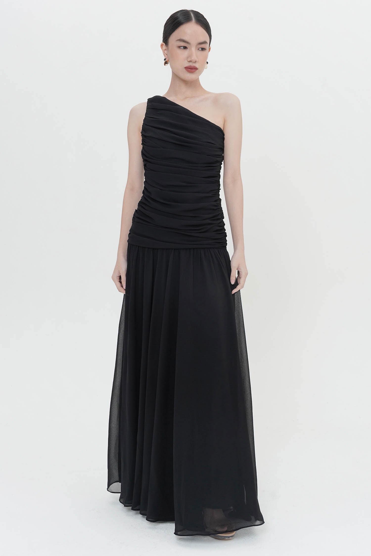 Yule Ruched Long Gown In Black