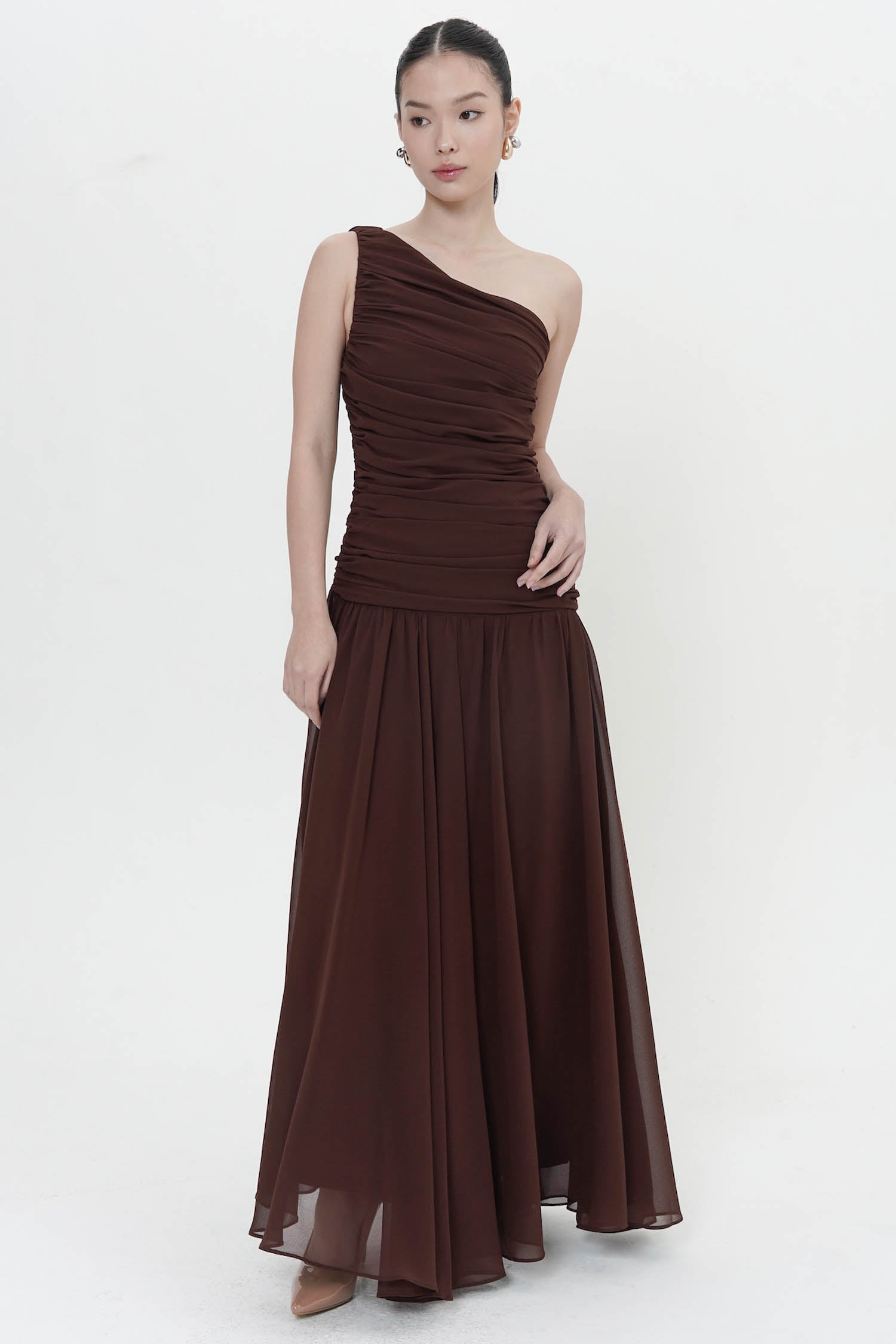 Yule Ruched Long Gown In Brown