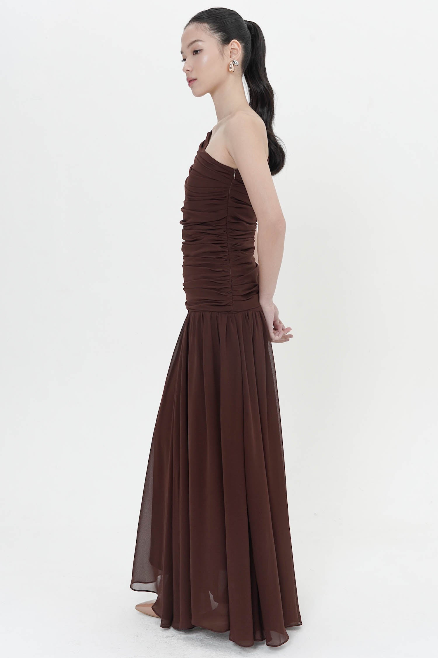 Yule Ruched Long Gown In Brown