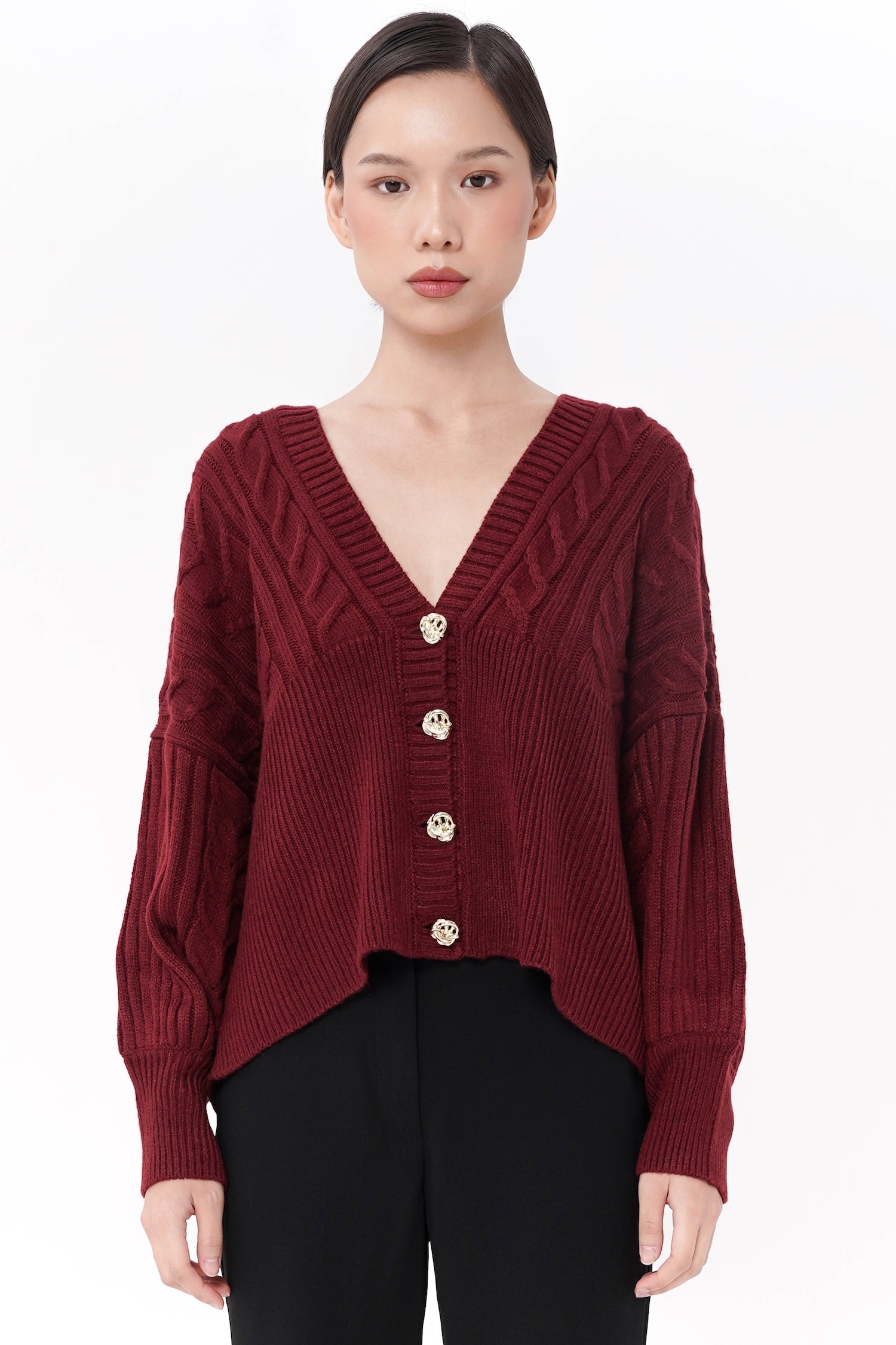 Gambit Cable Knit Cardigan In Maroon
