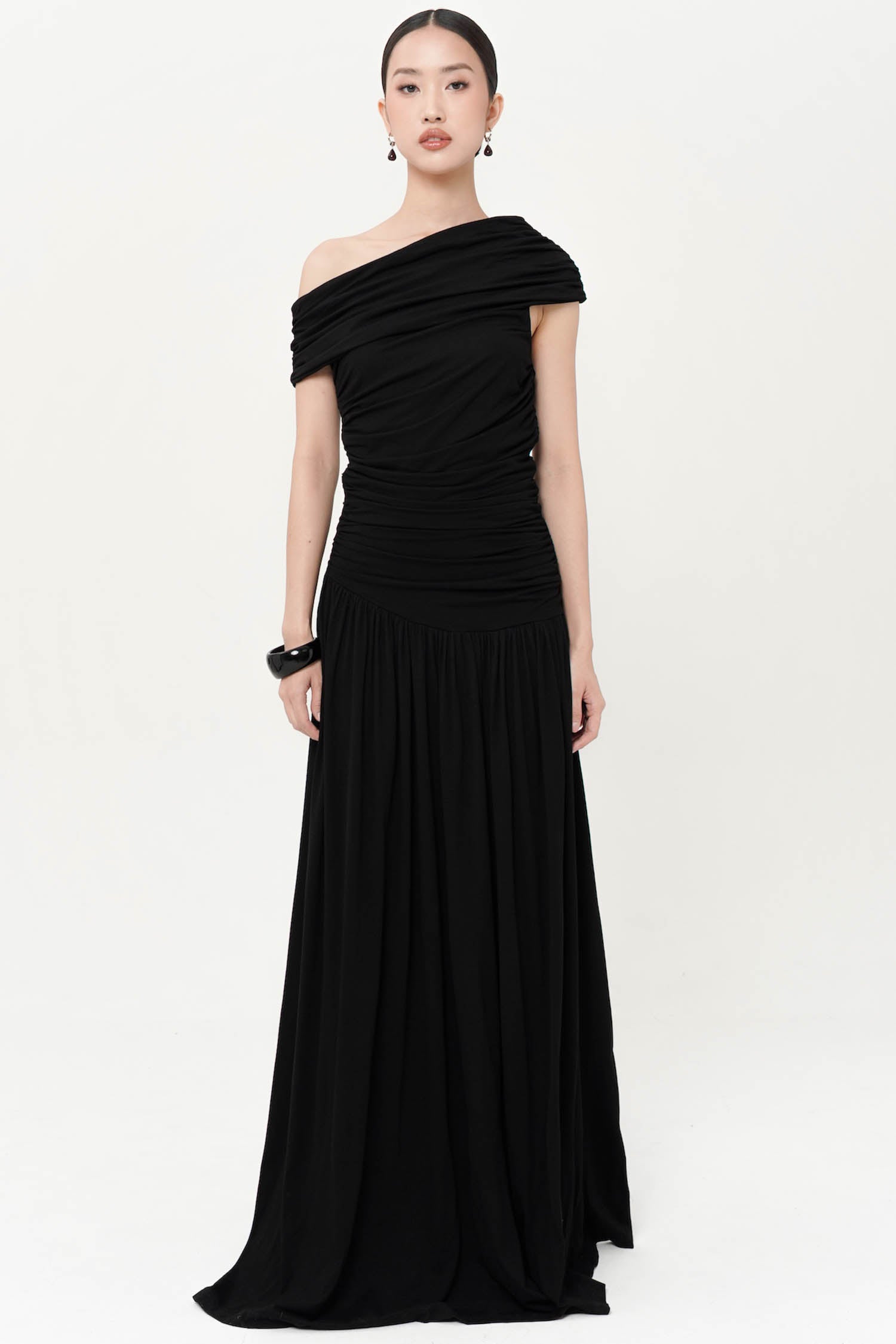 Olivia One shoulder Maxi Dress with outer In Black