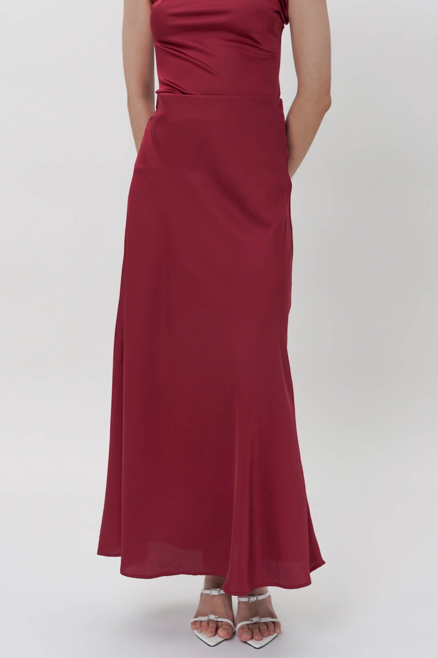 Alonda Maxi Satin Skirt In Maroon (3 LEFT)