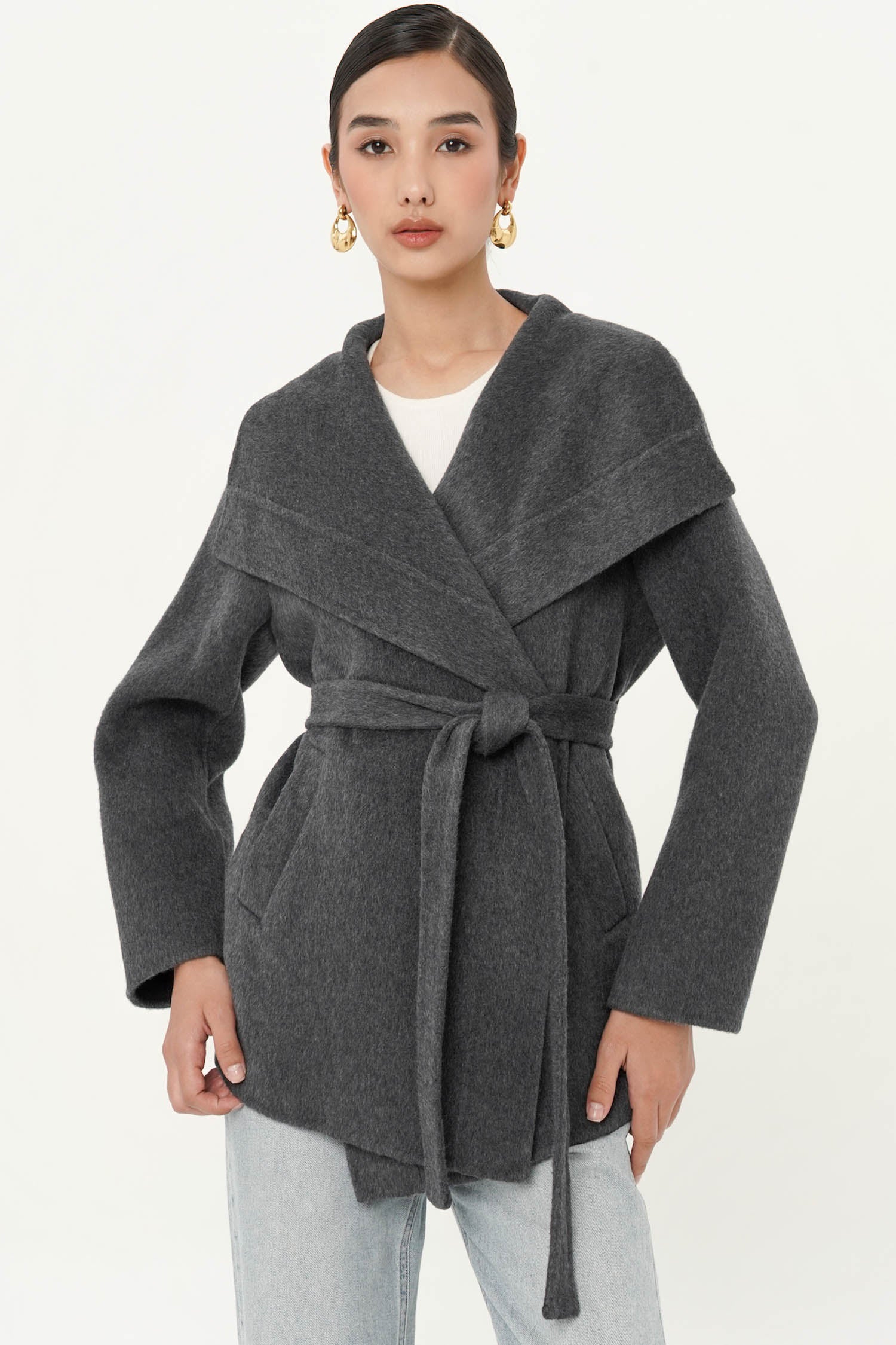 Noten Wool Cascade Short Wrap Coat In Dark Grey