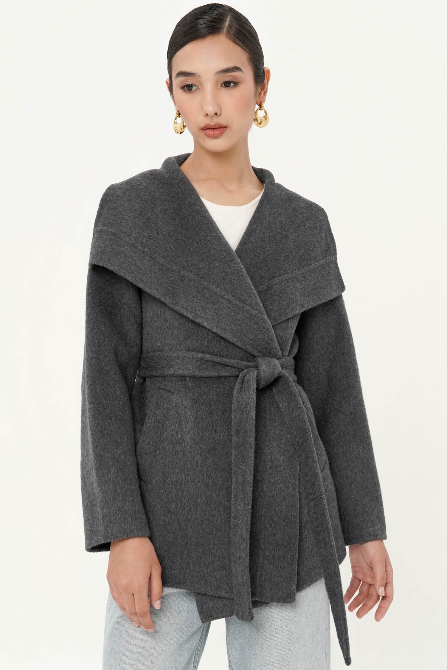 Noten Wool Cascade Short Wrap Coat In Dark Grey