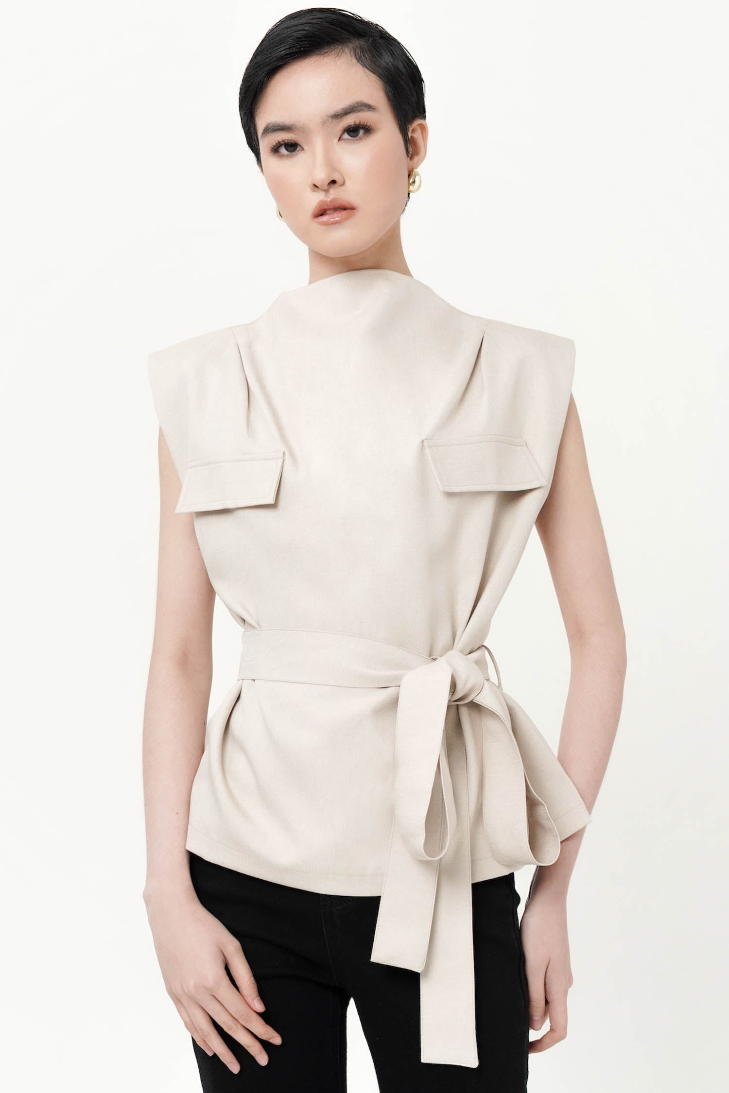 Syden Faux Pocket Boxy Top In Oat