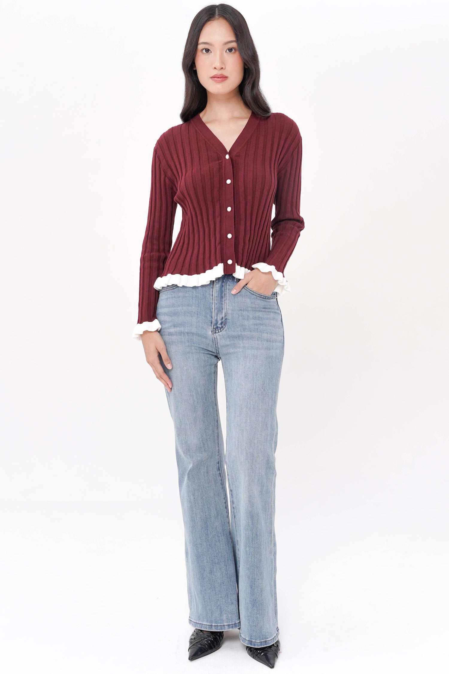 Wilda Ruffle Cardigan In Maroon
