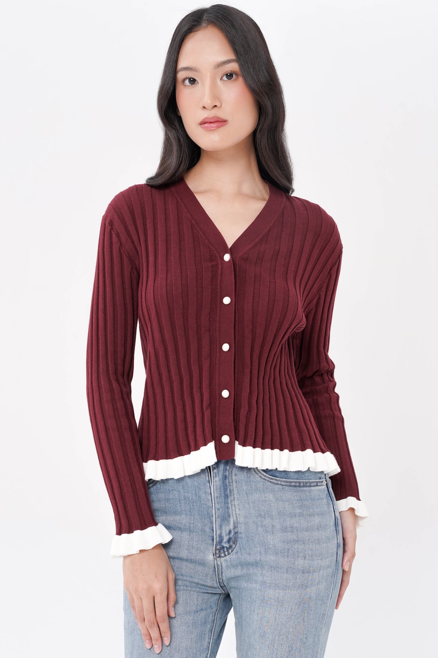 Wilda Ruffle Cardigan In Maroon