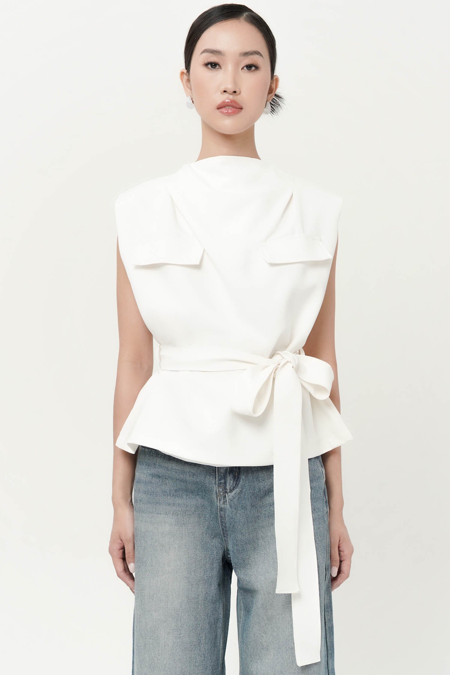 Syden Faux Pocket Boxy Top In Broken White