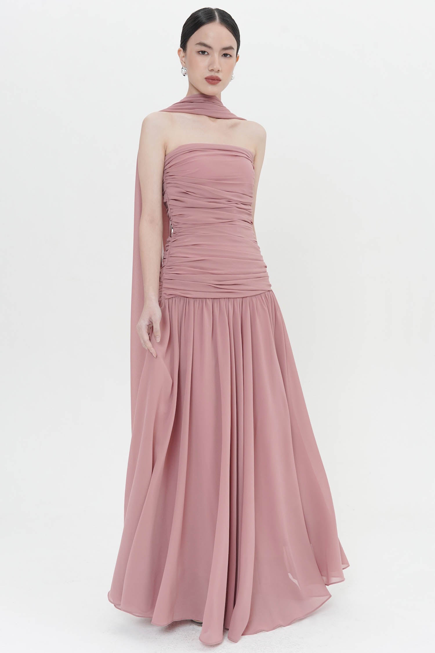 Dulcina Strapless Long Gown In Blush