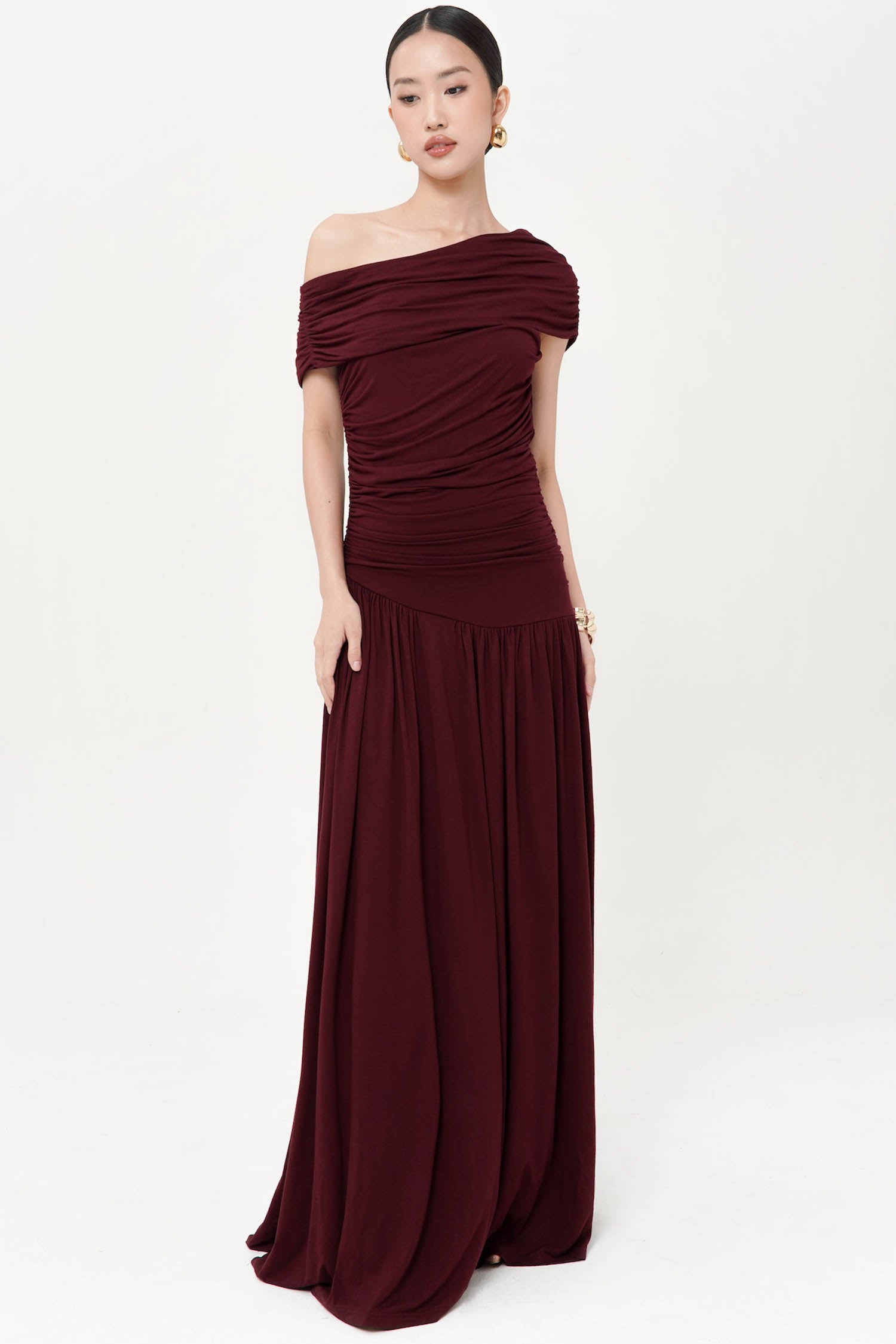 Olivia One Shoulder Maxi Dress With Outer In Dark Maroon