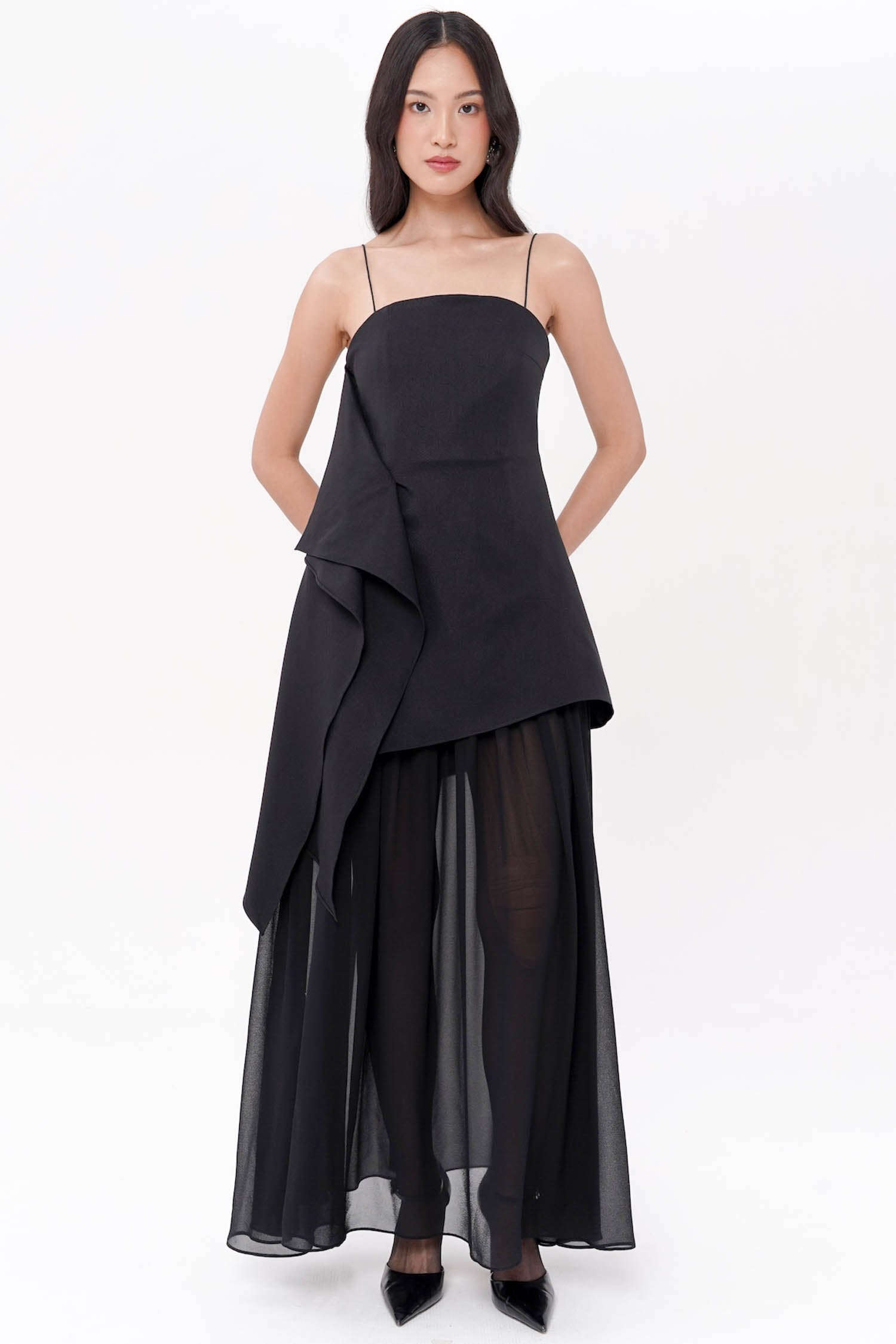 Analine Asymmetrical Maxi Dress In Black