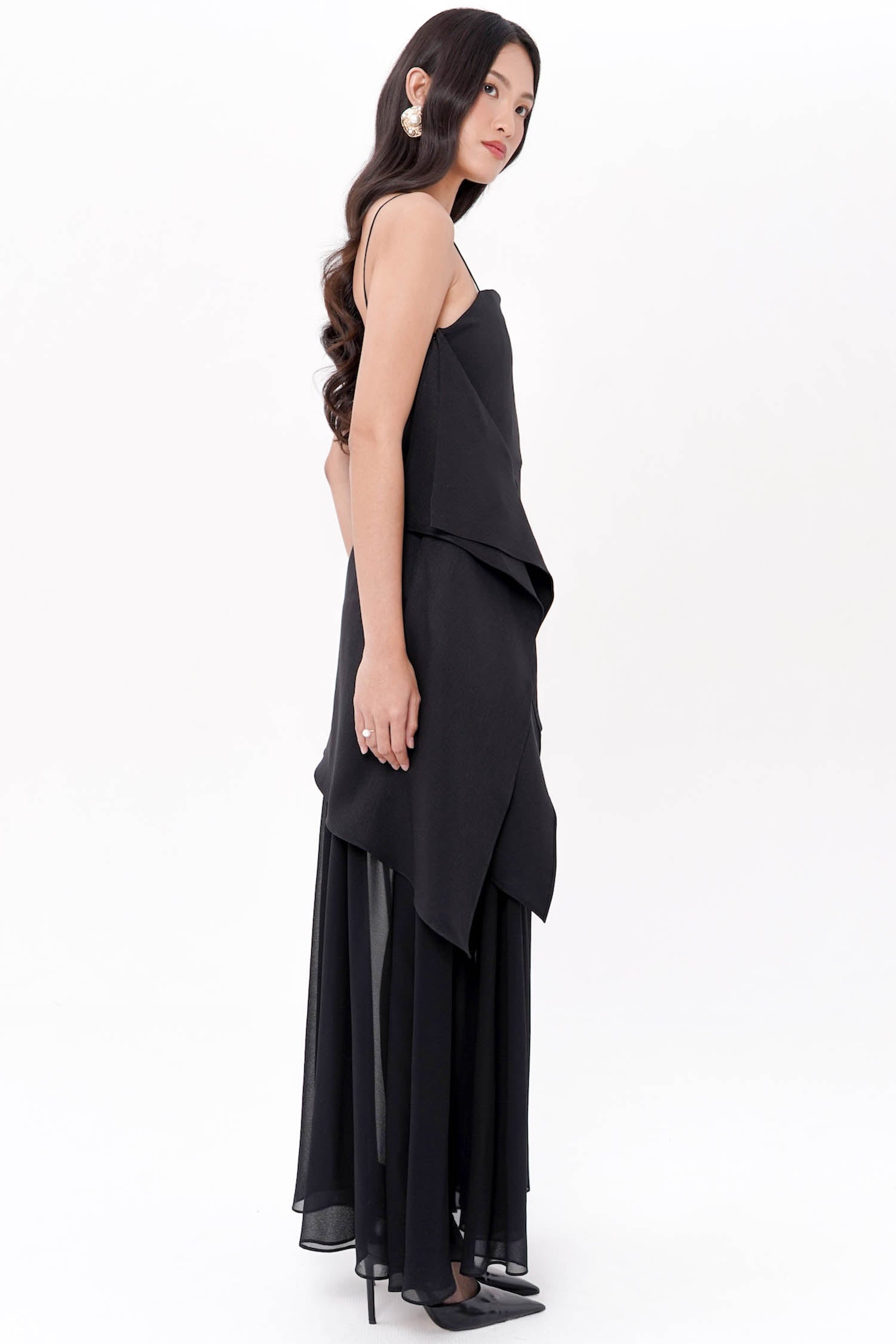 Analine Asymmetrical Maxi Dress In Black