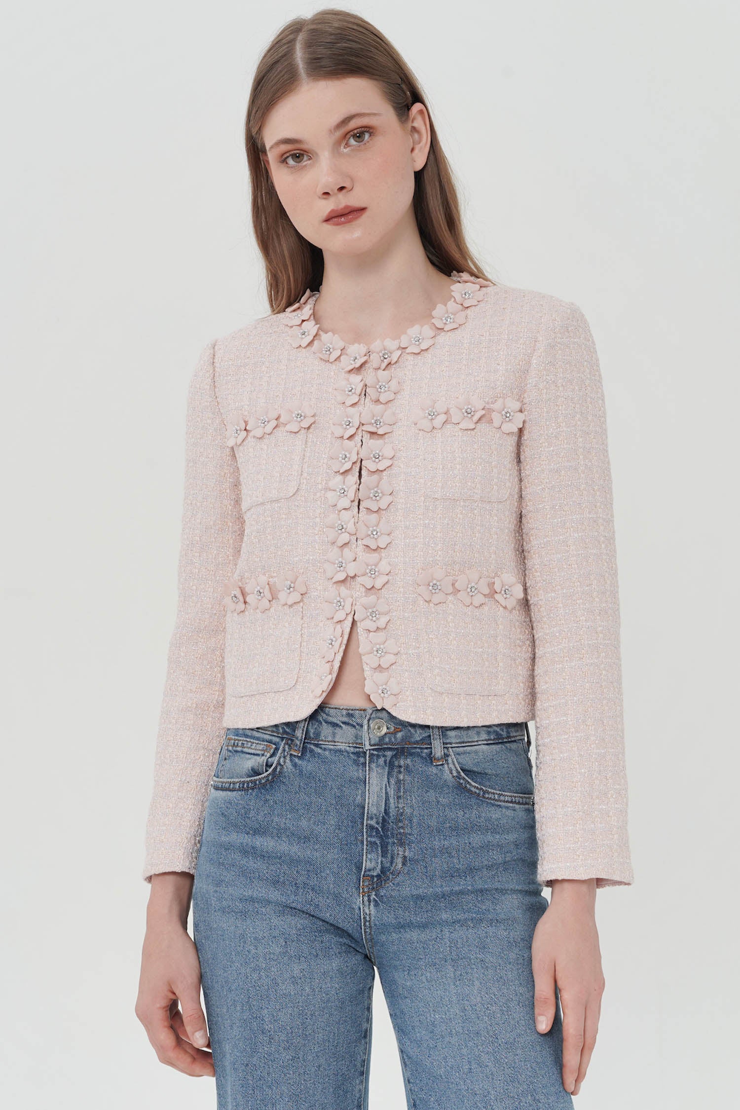 Cherine Embellished Tweed Blazer In Pink