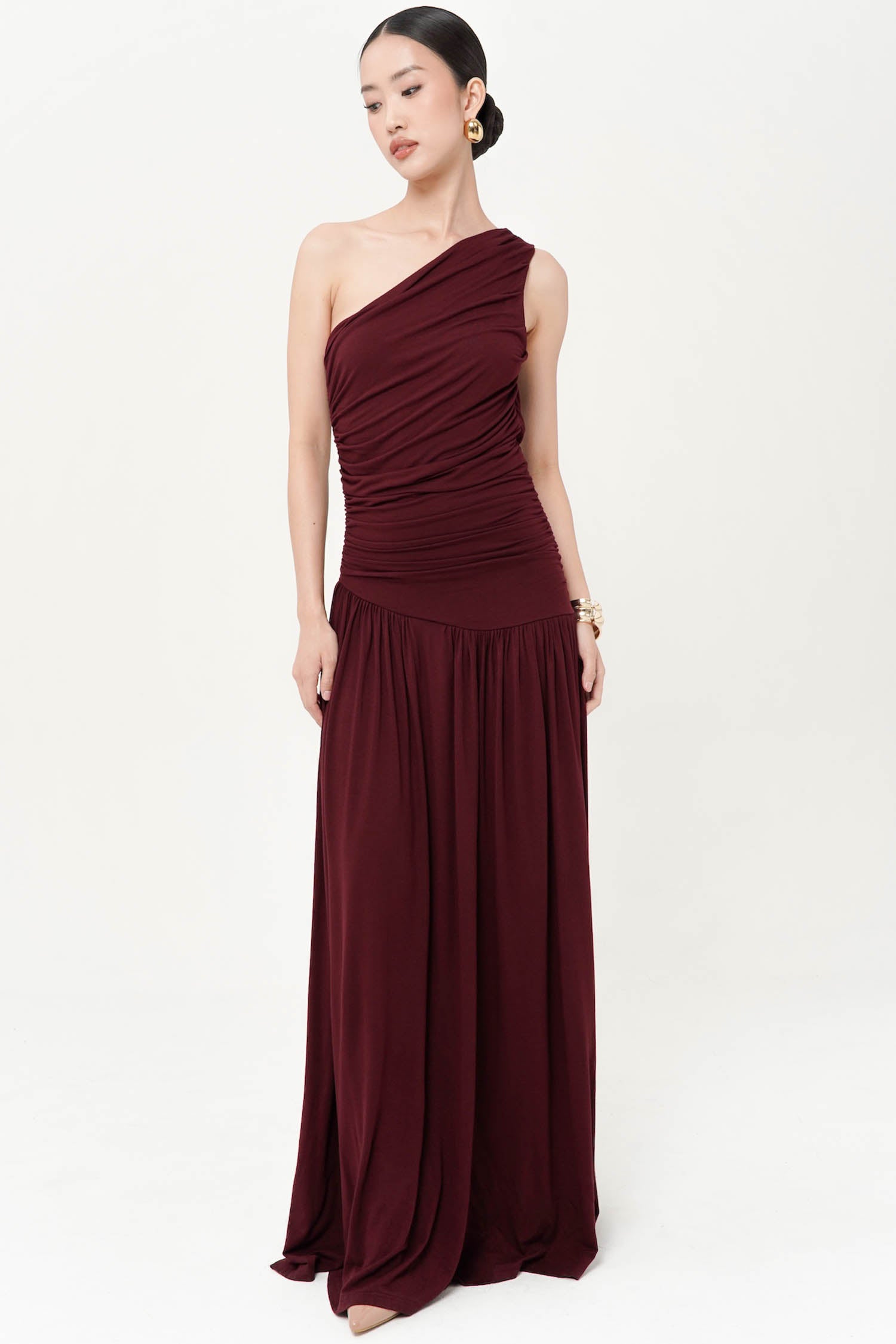 Olivia One Shoulder Maxi Dress With Outer In Dark Maroon