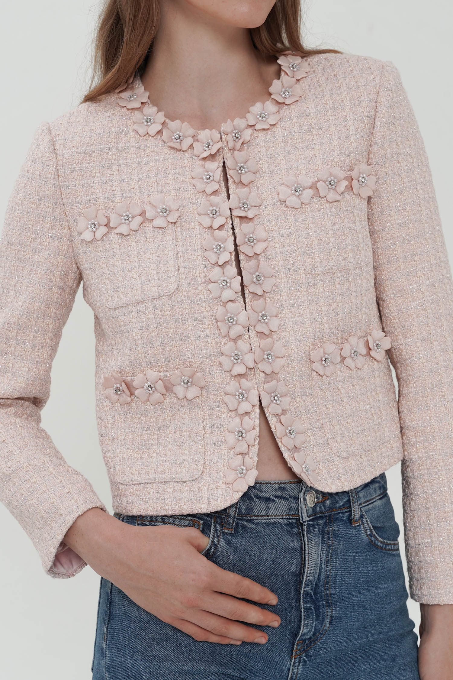 Cherine Embellished Tweed Blazer In Pink