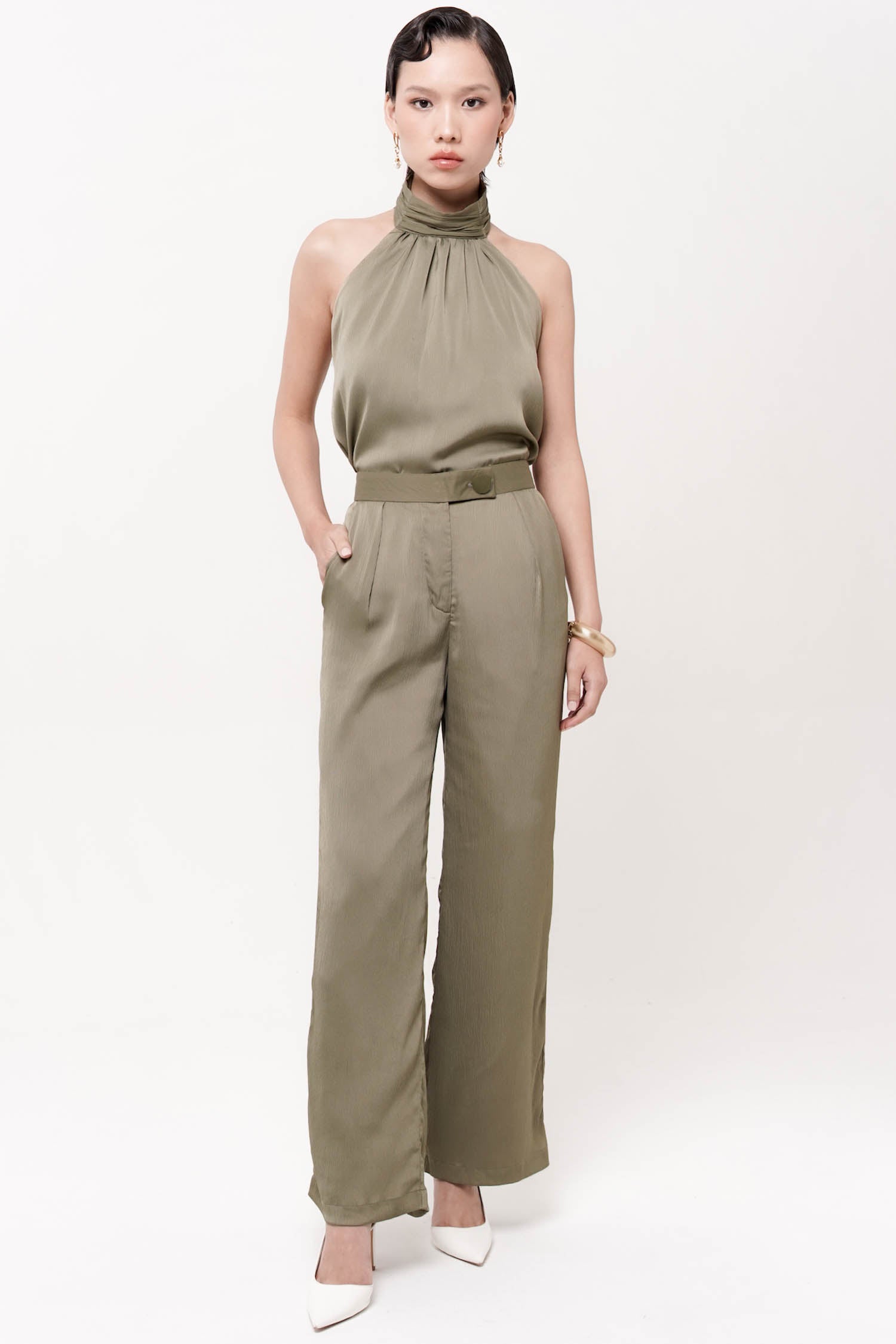 Ling Satin Pants in Olive Green