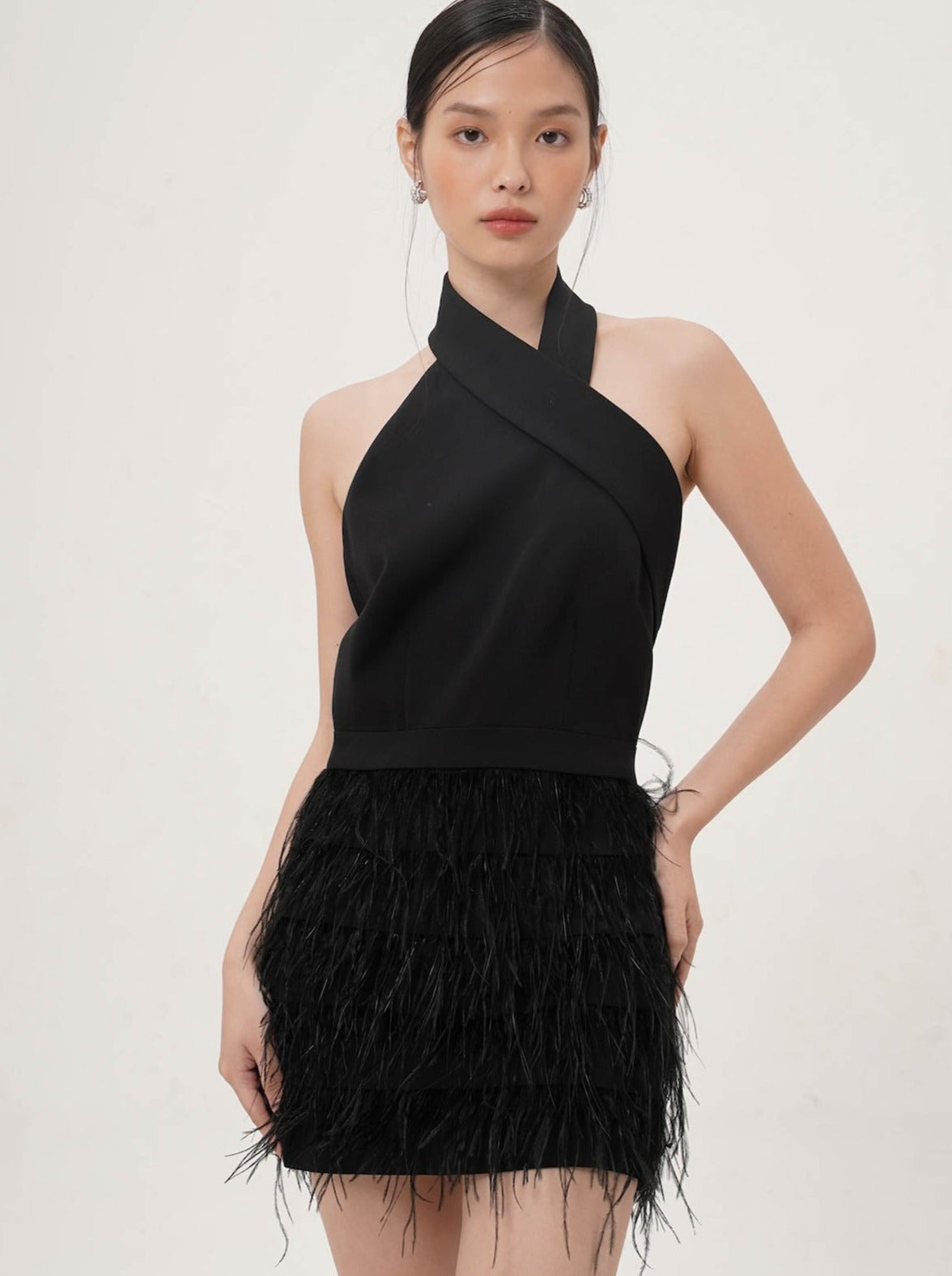 Naydeline Faux Feather Mini Dress In Black
