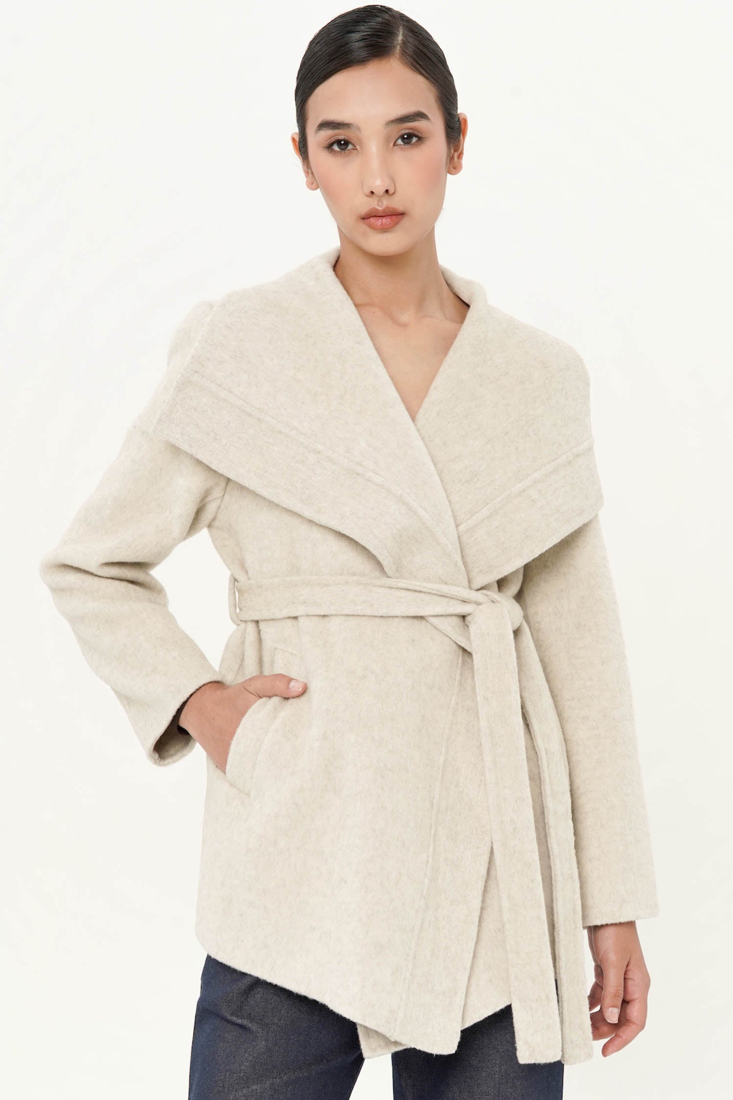 Noten Wool Cascade Short Wrap Coat In Greige Mist