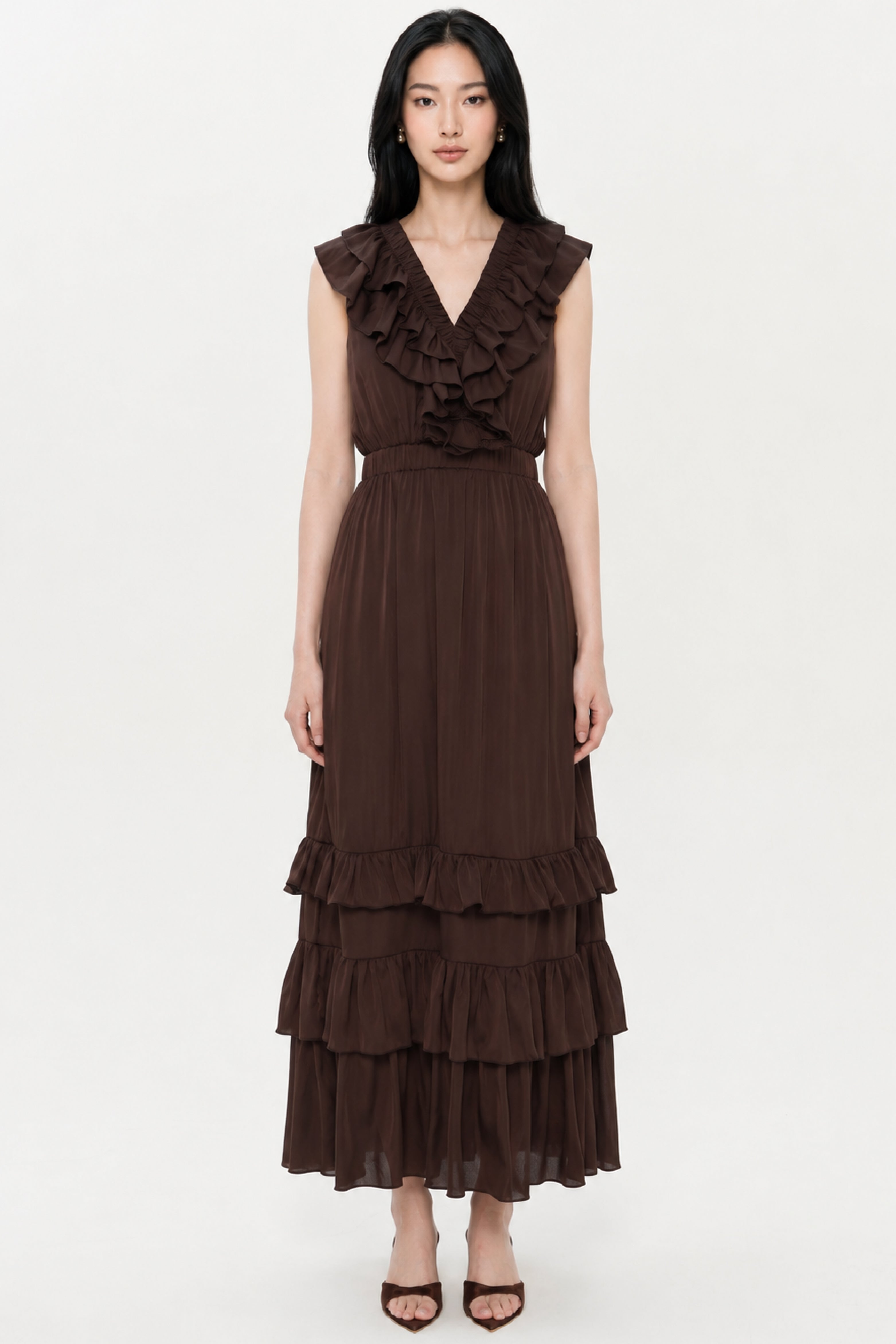Lou Ruffle Maxi Dress In Espresso