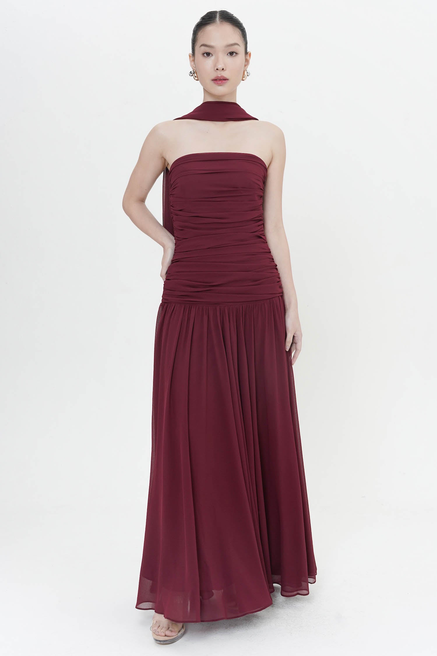 Dulcina Strapless Long Gown In Maroon