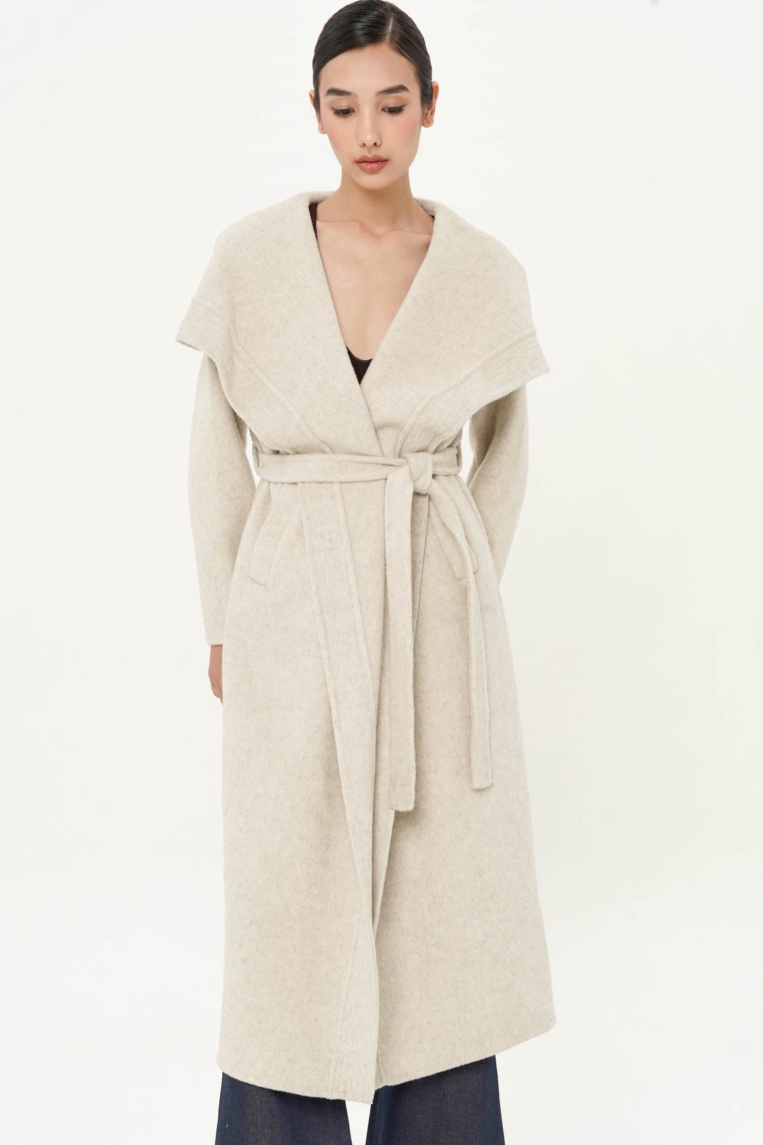 Marant Wool Cascade Long Wrap Coat In Greige Mist