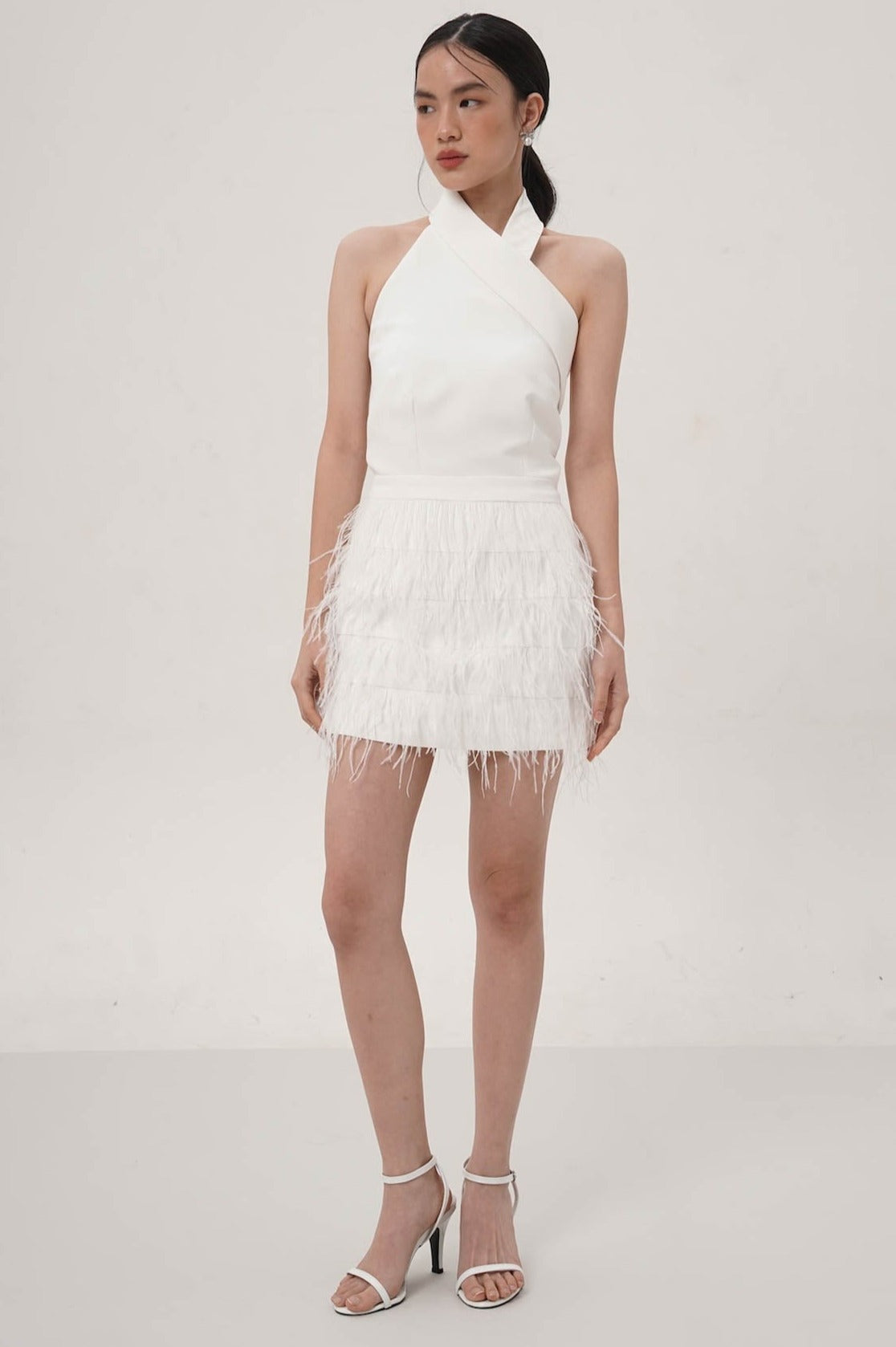 Naydeline Faux Feather Mini Dress In White