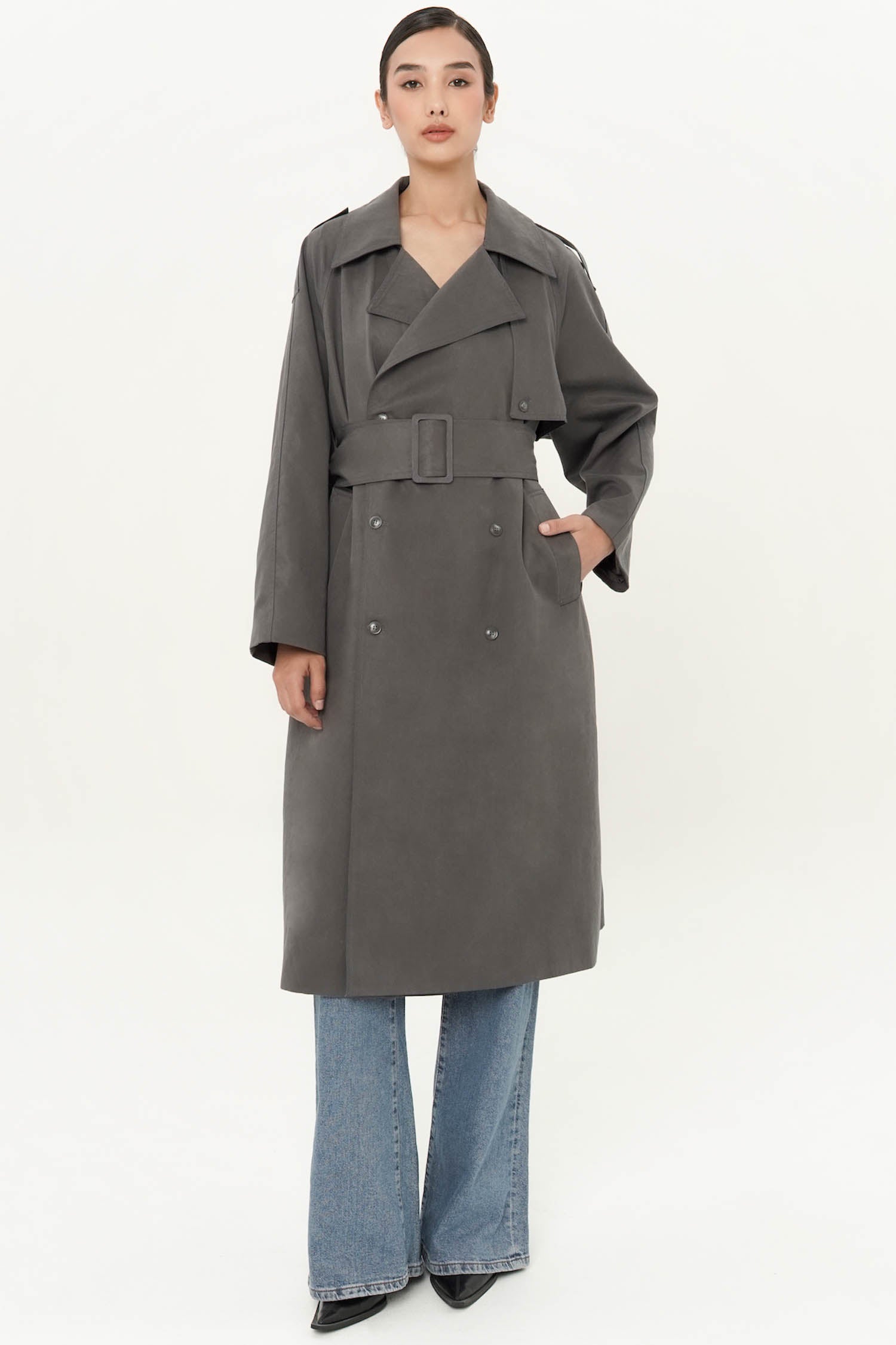 Arden Belted Trench Coat In Ash Grey