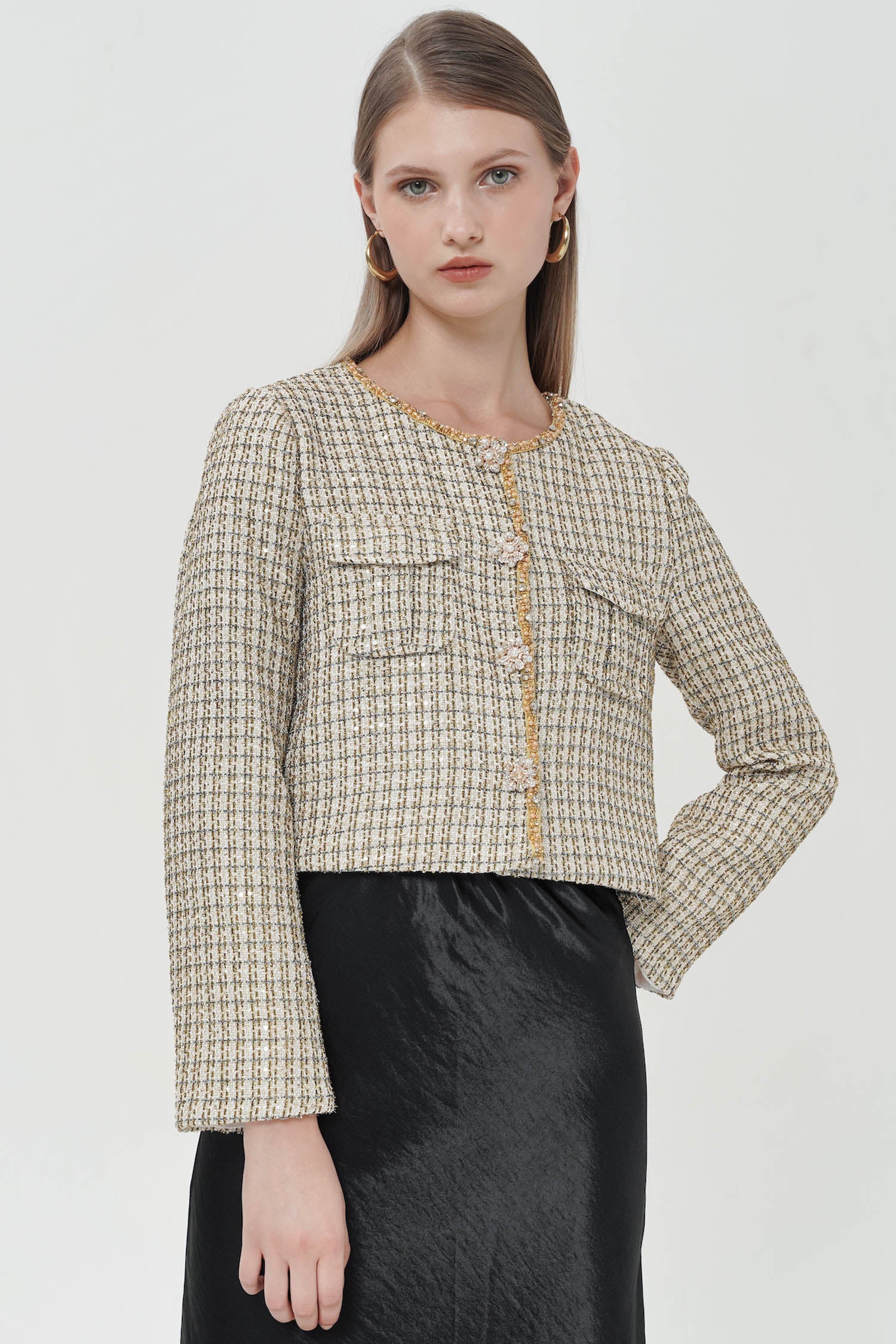 Auretta Embellished Tweed Blazer In Gold