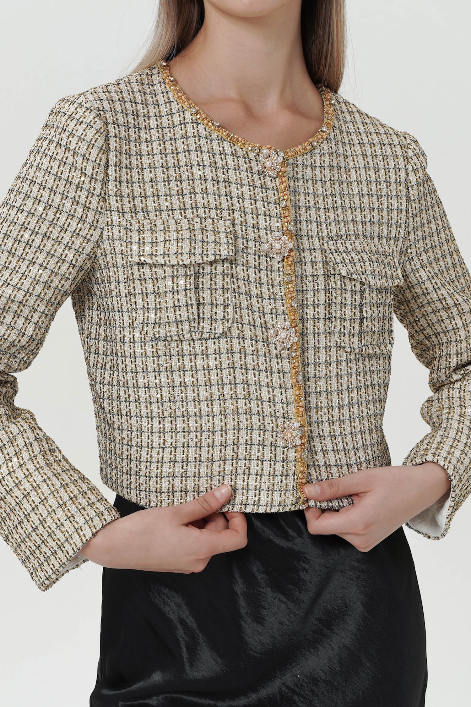 Auretta Embellished Tweed Blazer In Gold