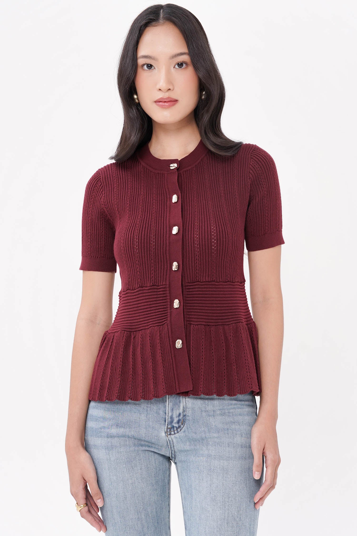 Prentice Ruffled-hem Top In Maroon