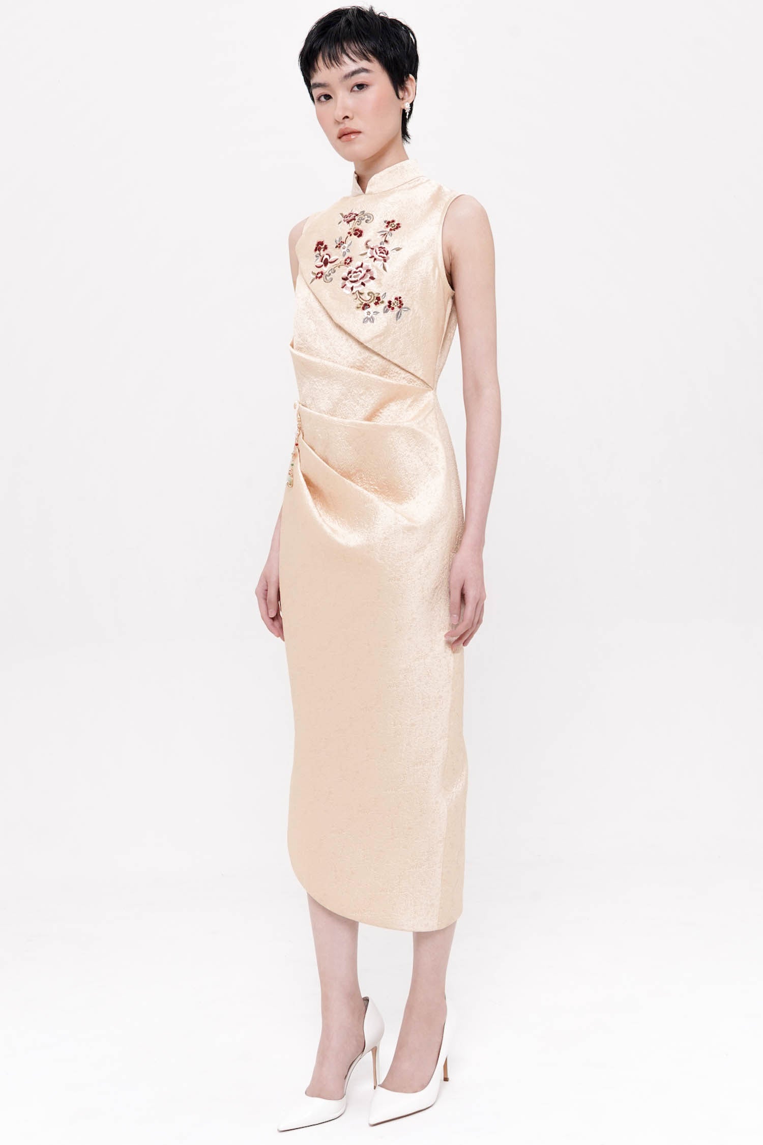 Lunara Midi Draped Dress In Beige