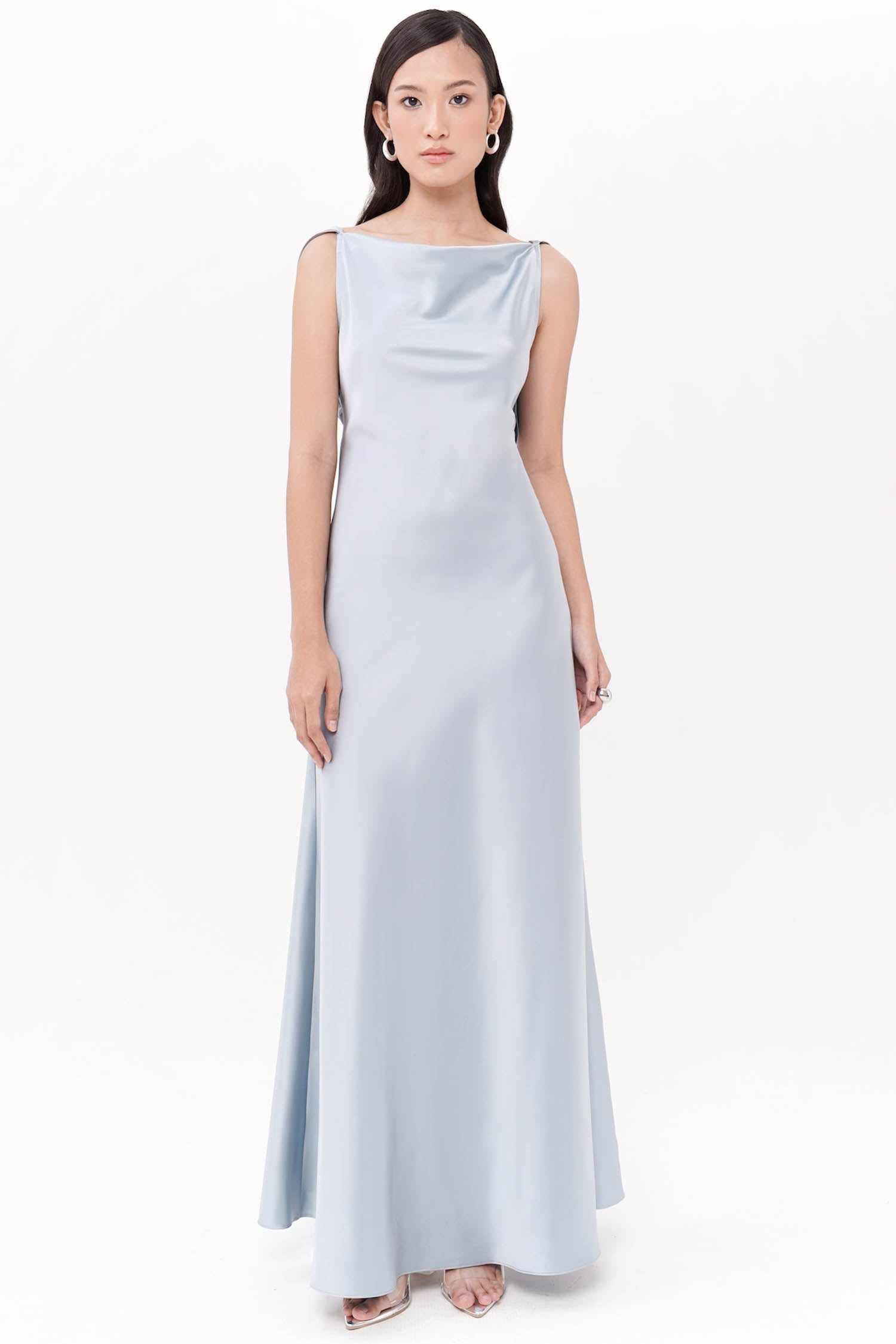 Efate Open Back Long Gown In Dusty Blue