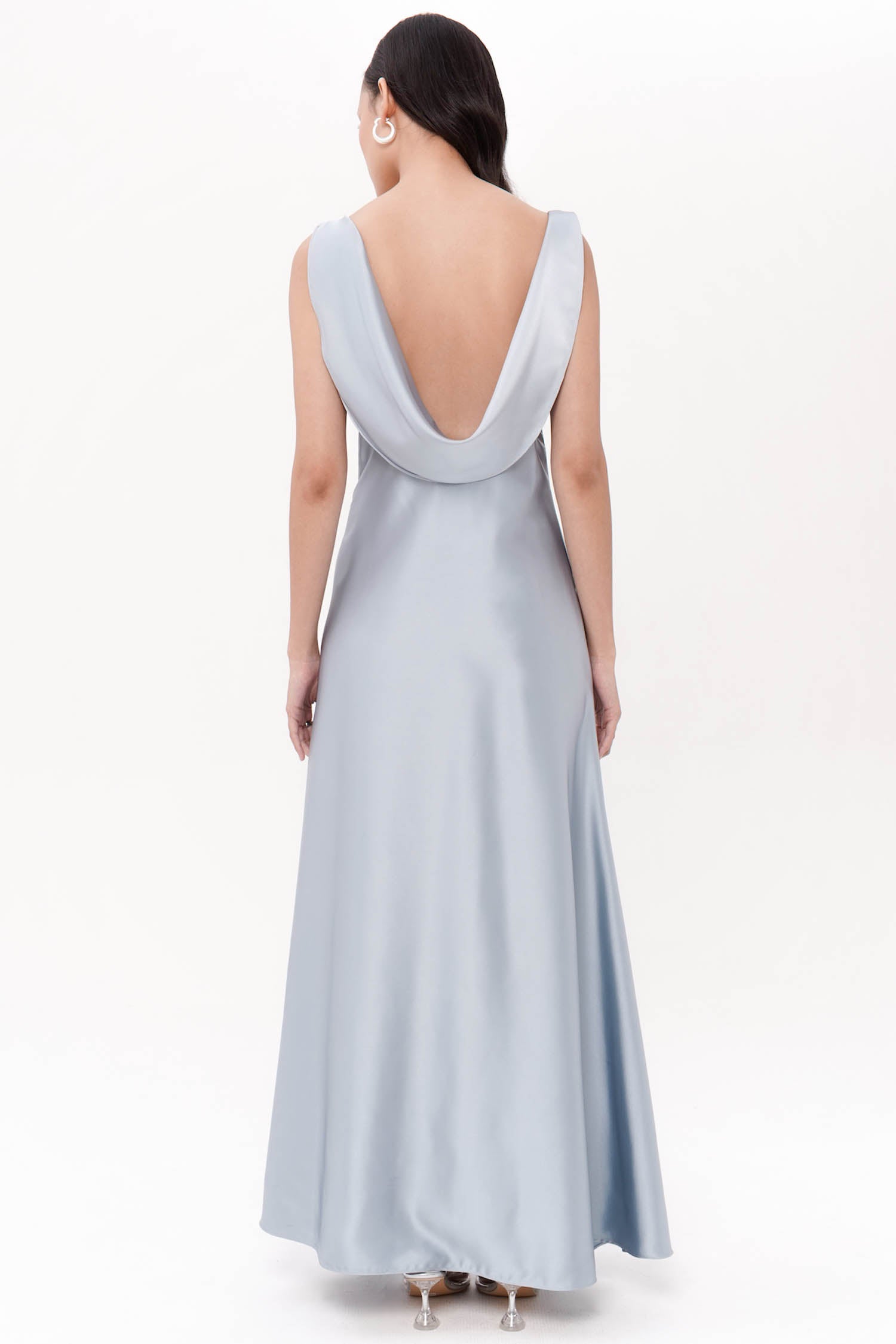 Efate Open Back Long Gown In Dusty Blue
