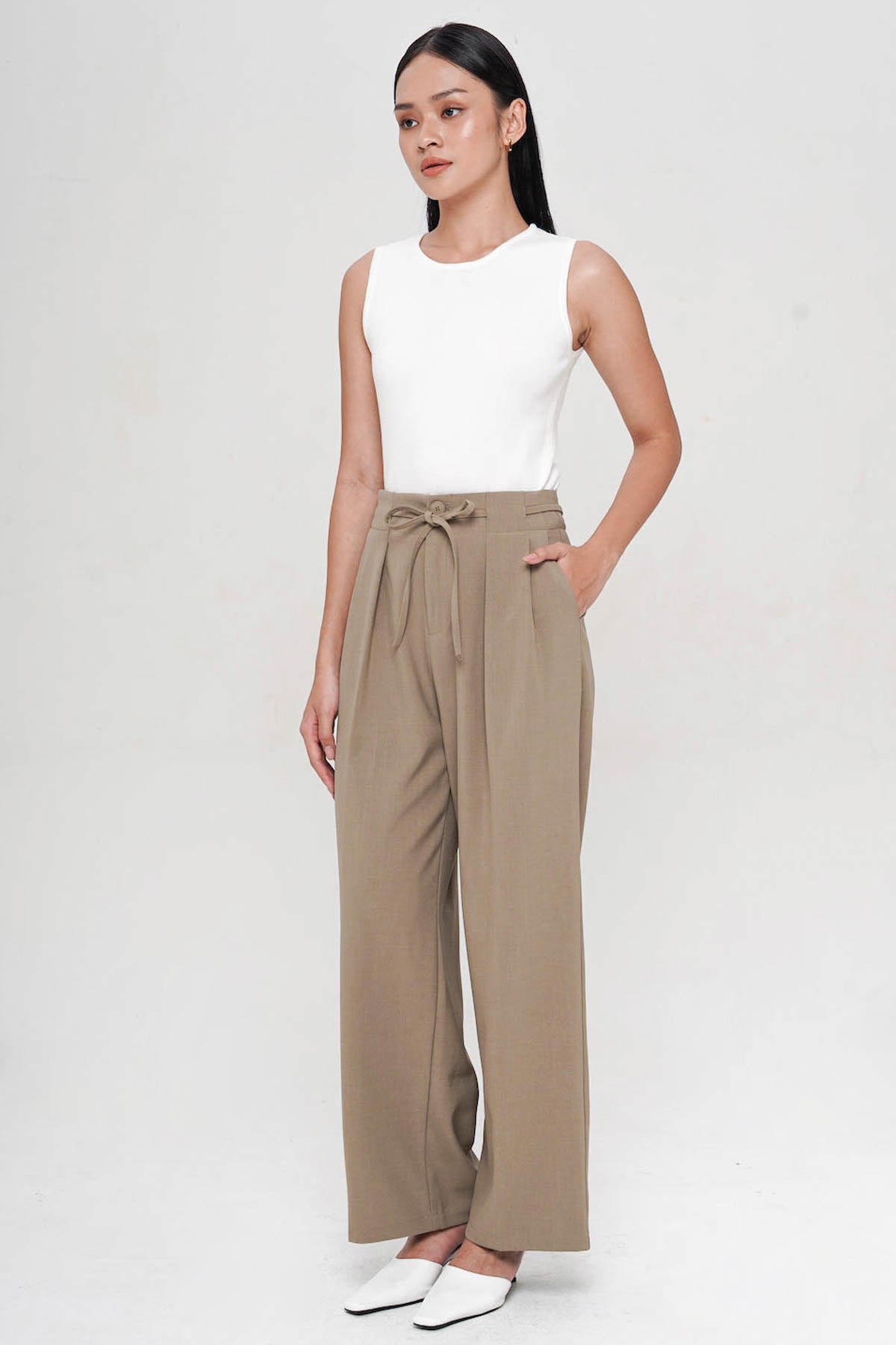 Cooper High-Waist Belted Pants In Khaki (3 LEFT)