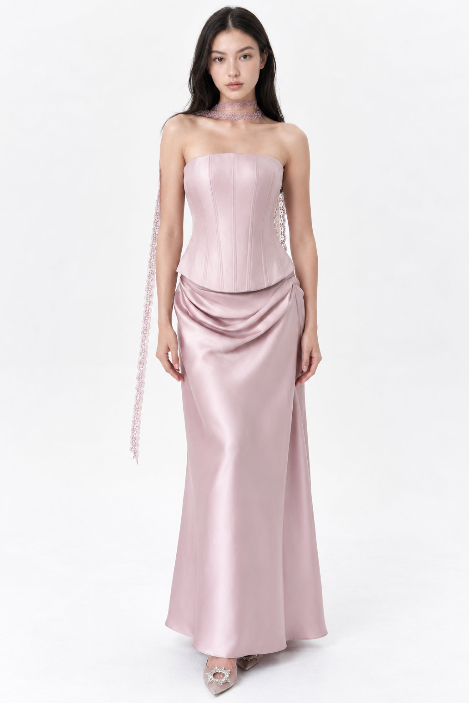 Akasia Top With Scarf and Adella Skirt in Pink
