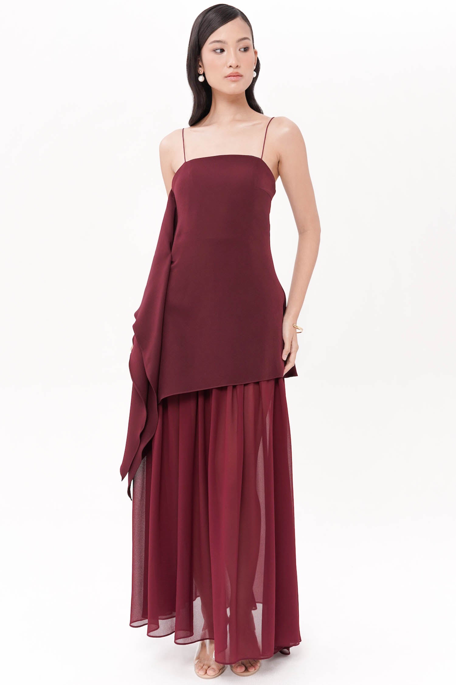 Analine Asymmetrical Maxi Dress In Burgundy