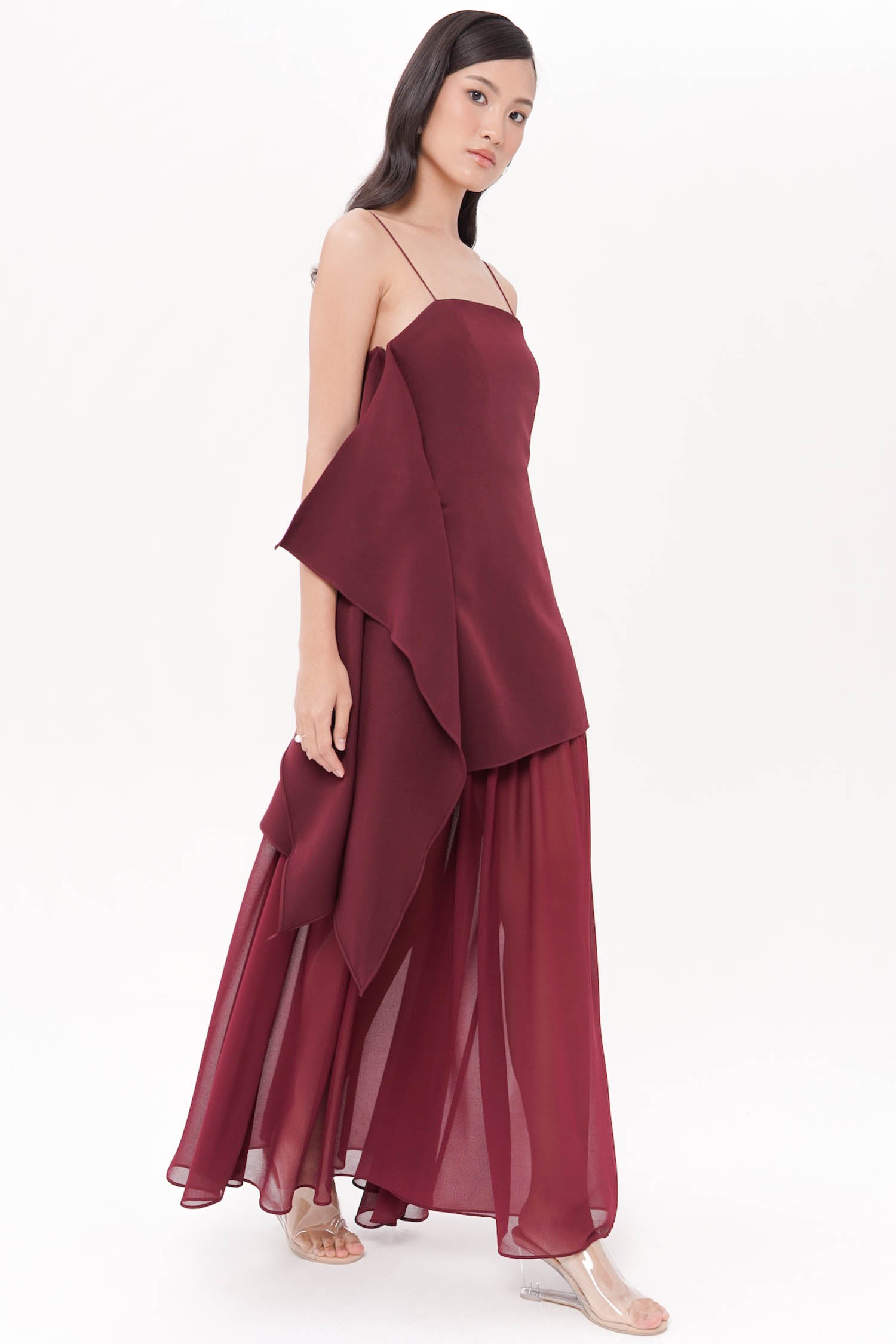 Analine Asymmetrical Maxi Dress In Burgundy