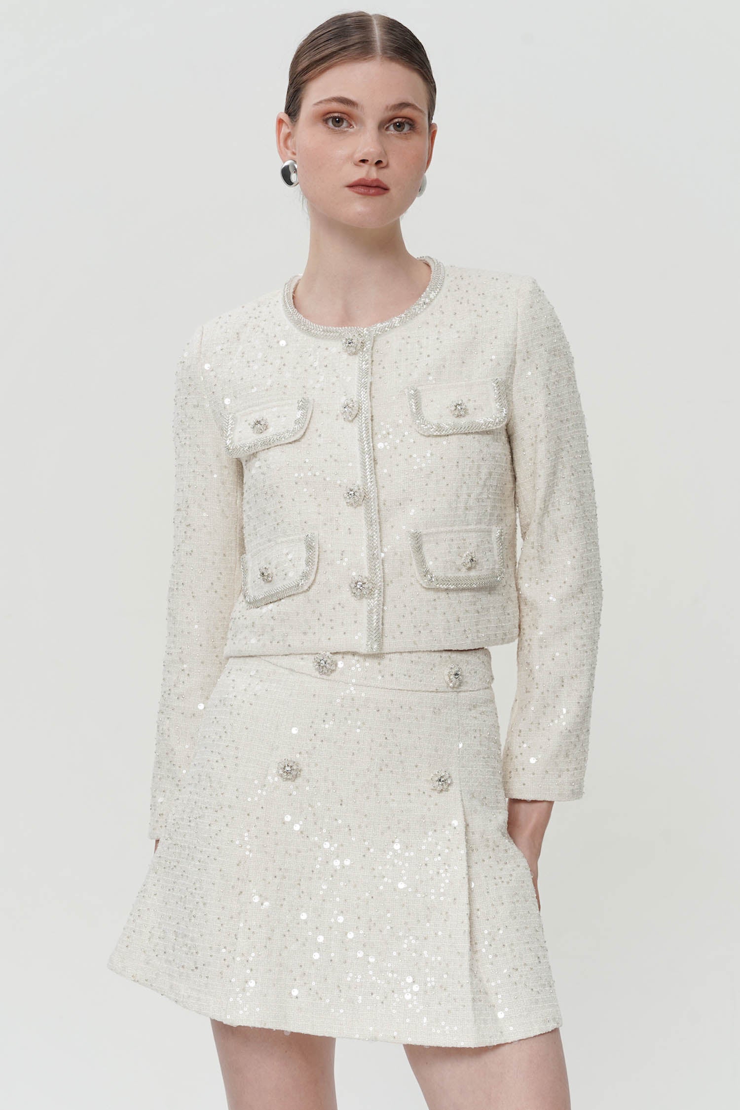 Verity Embellished Tweed Blazer In Ivory