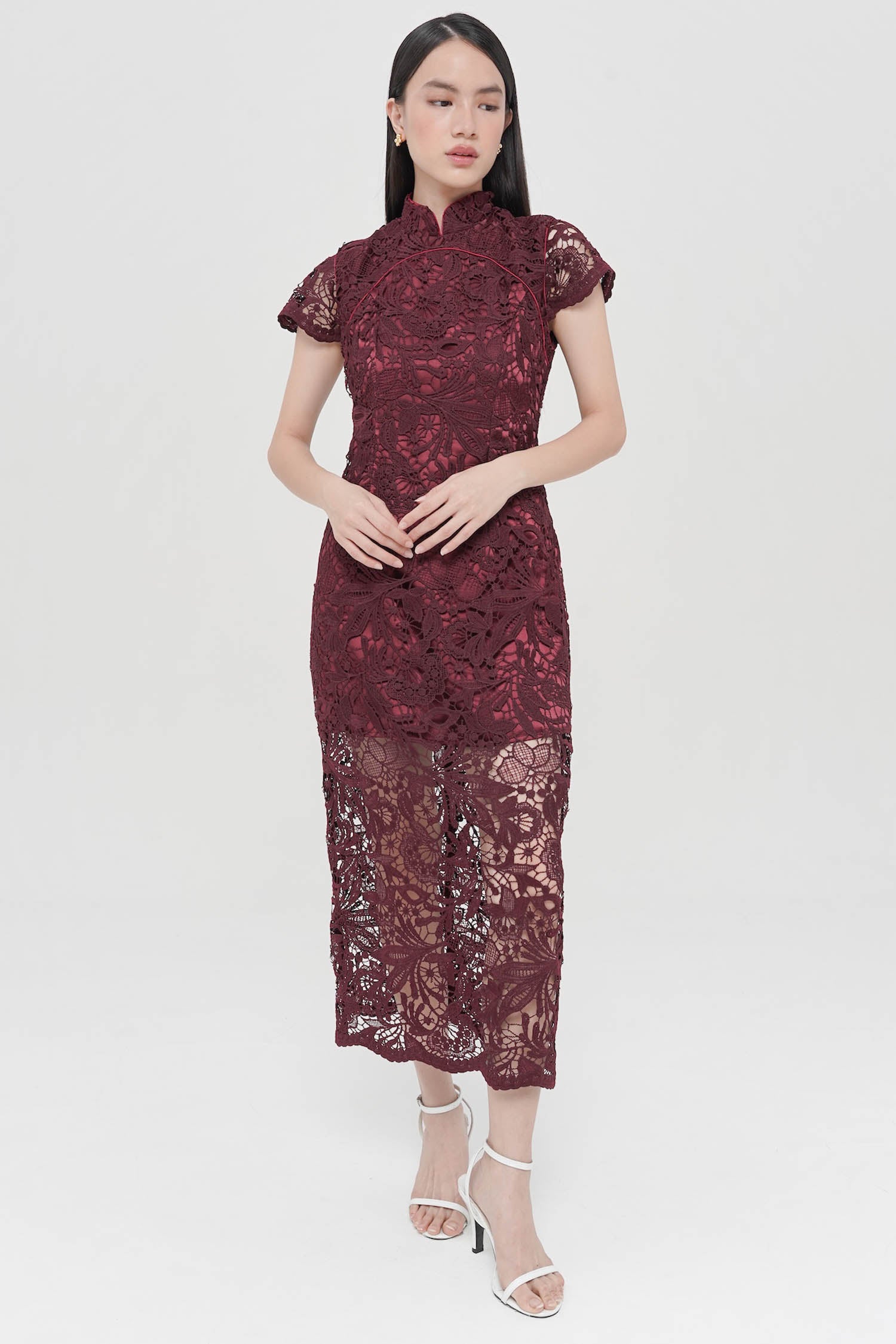 Nongli Cheongsam Midi Dress In Burgundy (2 LEFT)