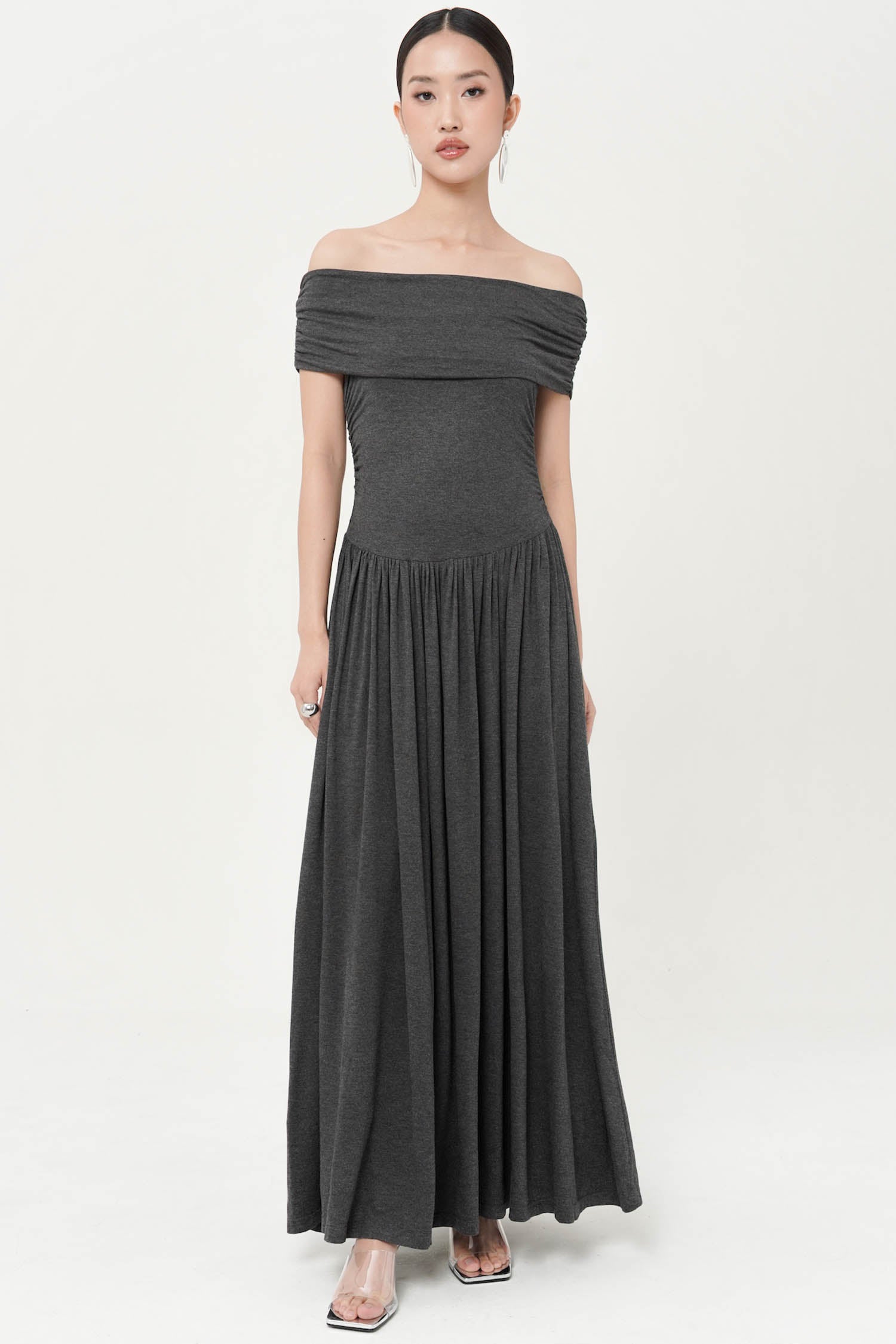 Belinda Off shoulder Maxi Dress In Misty Grey