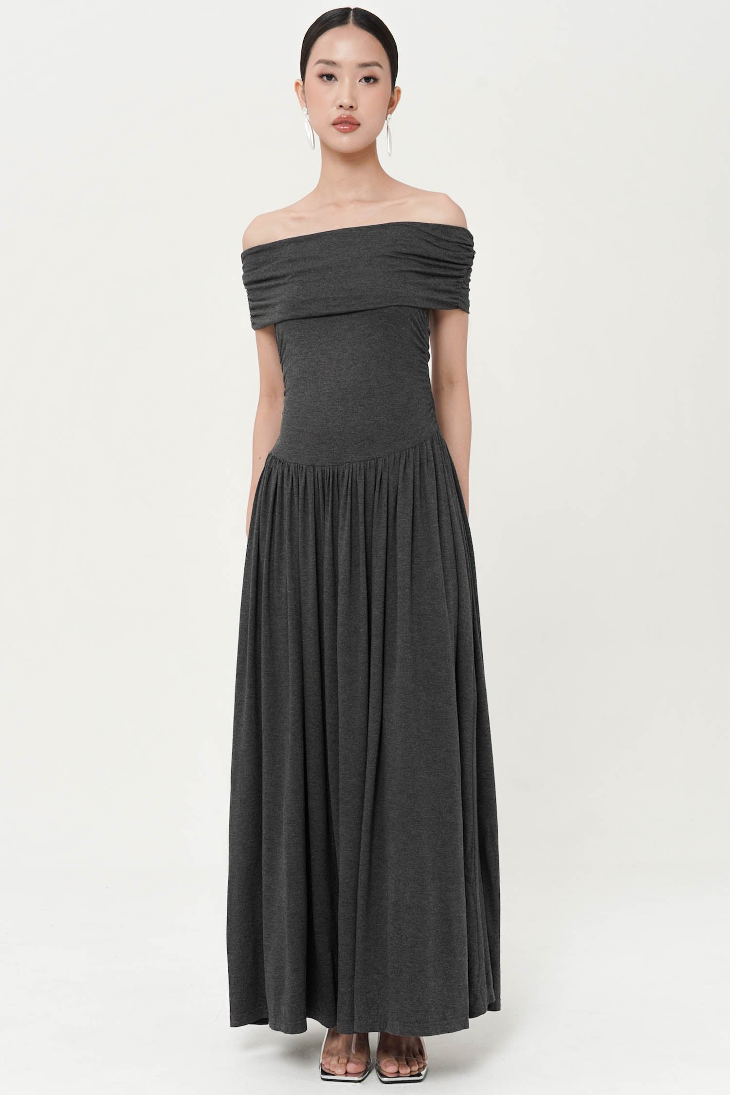 Belinda Off shoulder Maxi Dress In Misty Grey