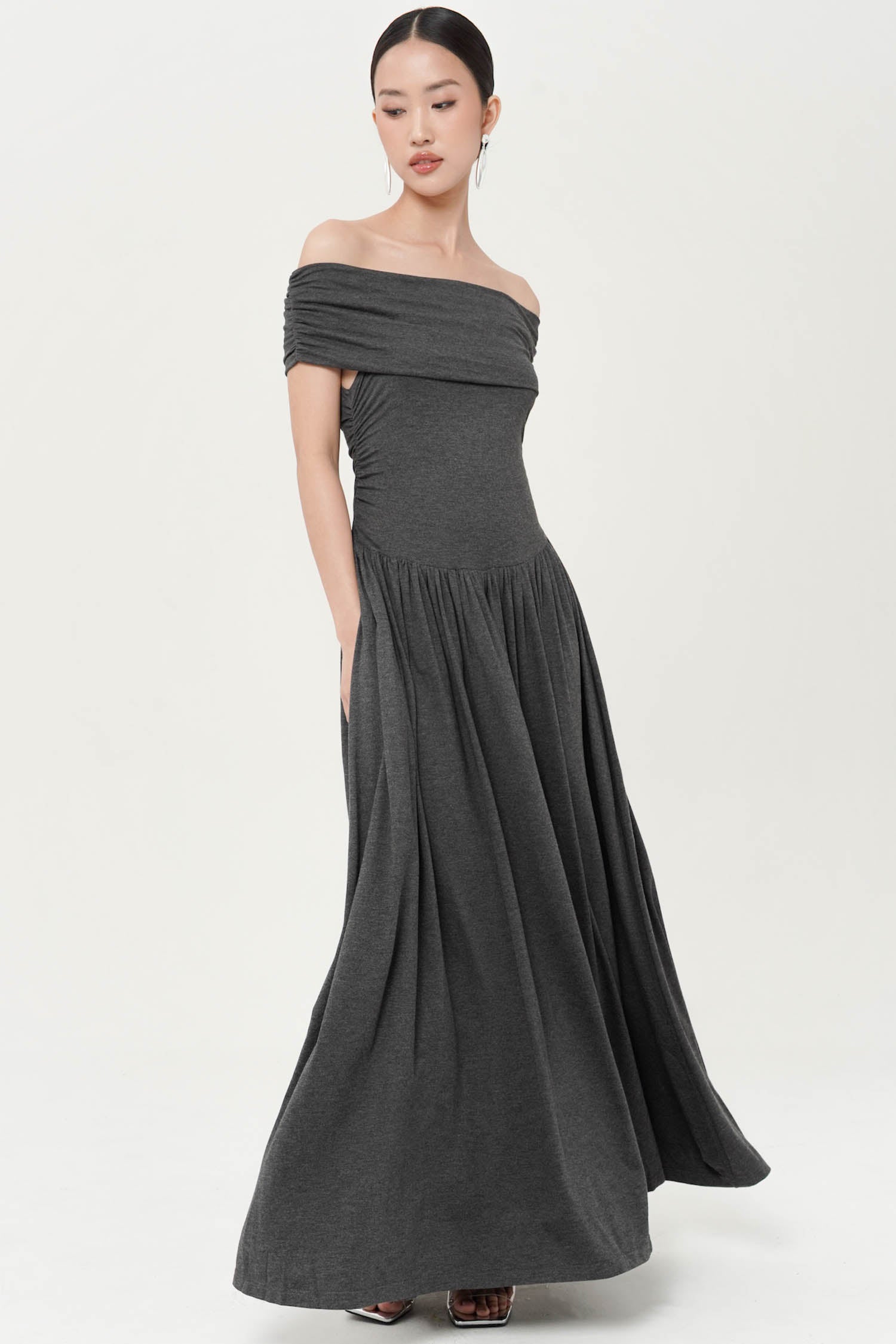 Belinda Off shoulder Maxi Dress In Misty Grey (LAST PIECES)