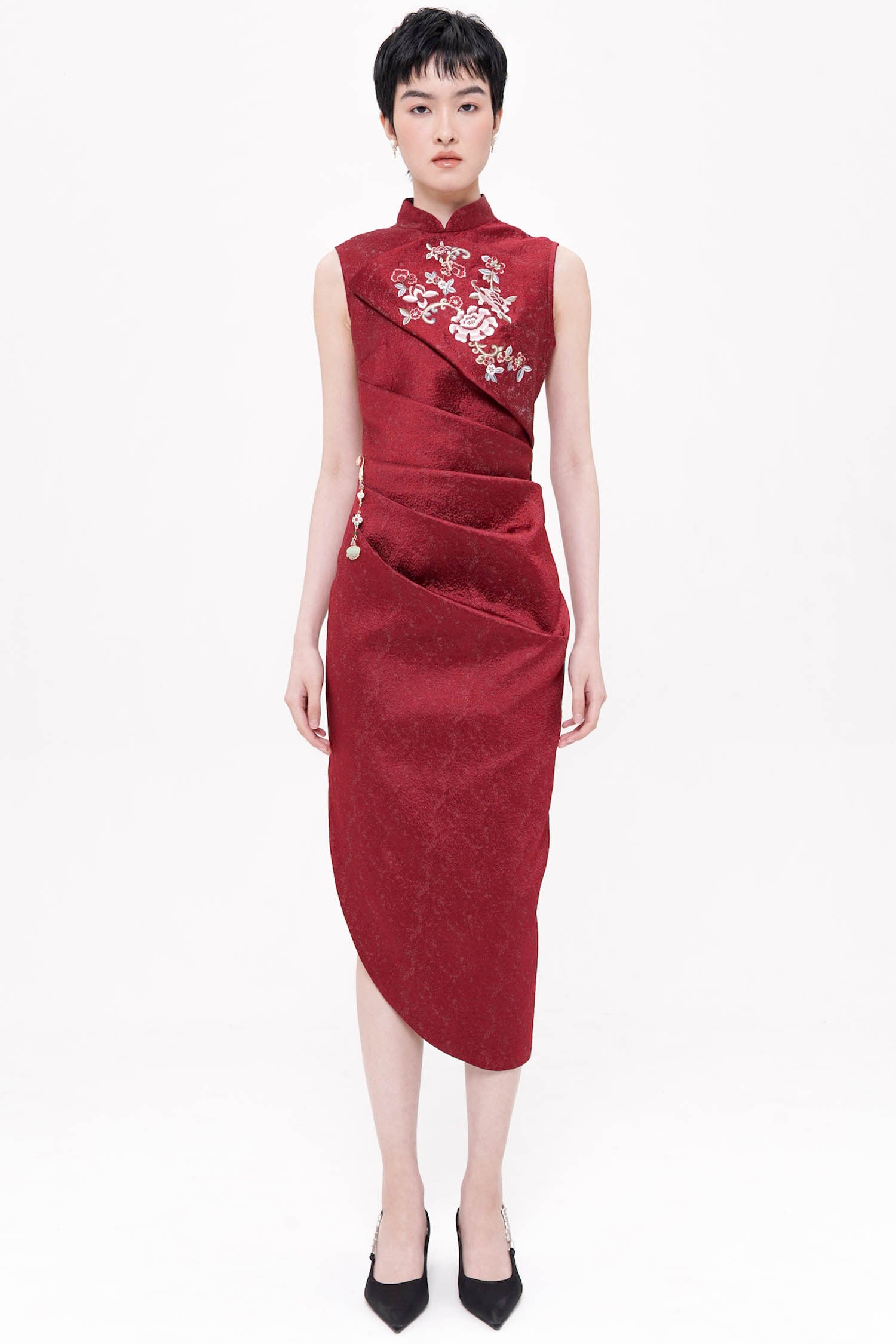 Lunara Midi Draped Dress In Maroon