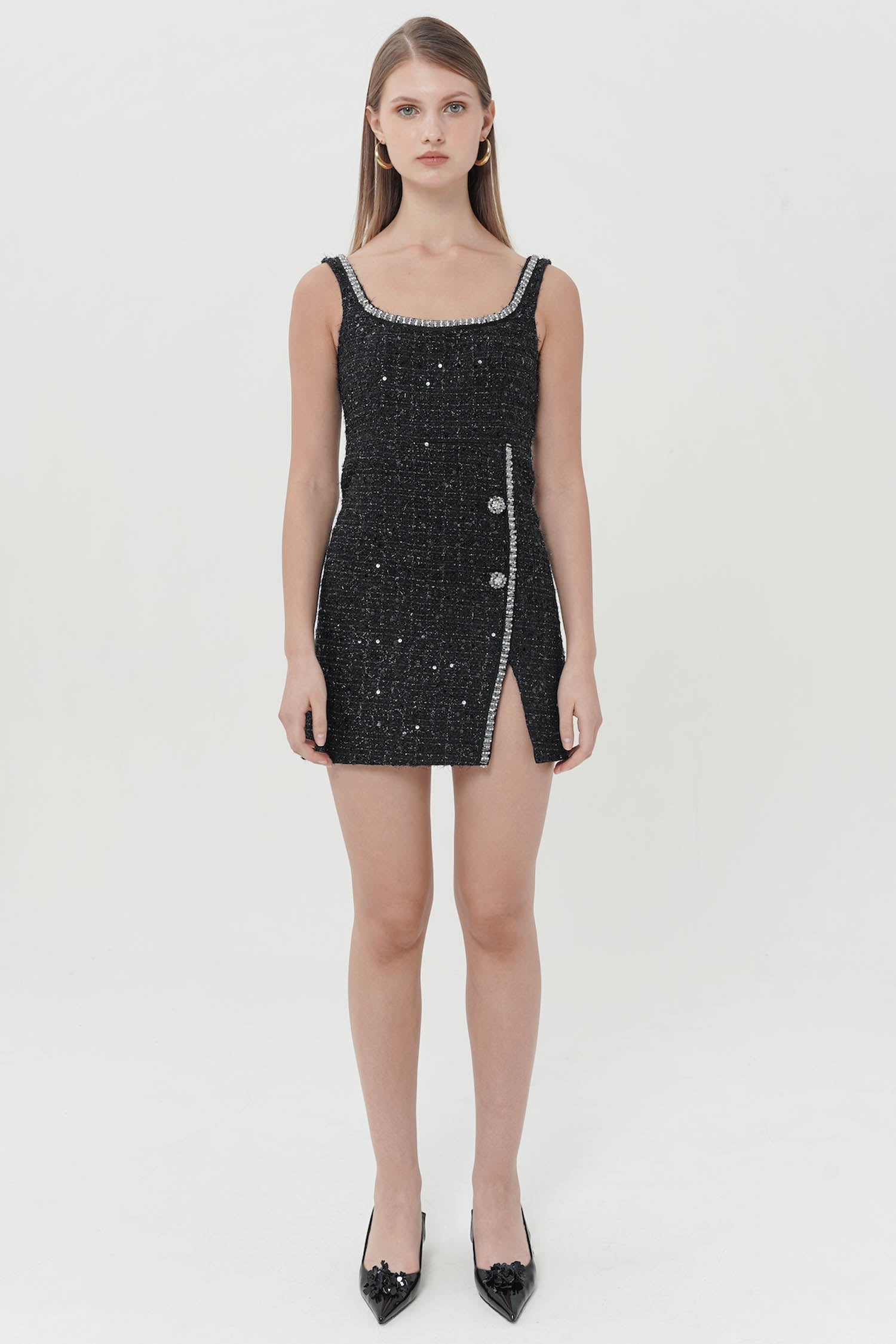 Cyra Embellished Tweed Mini Dress In Black