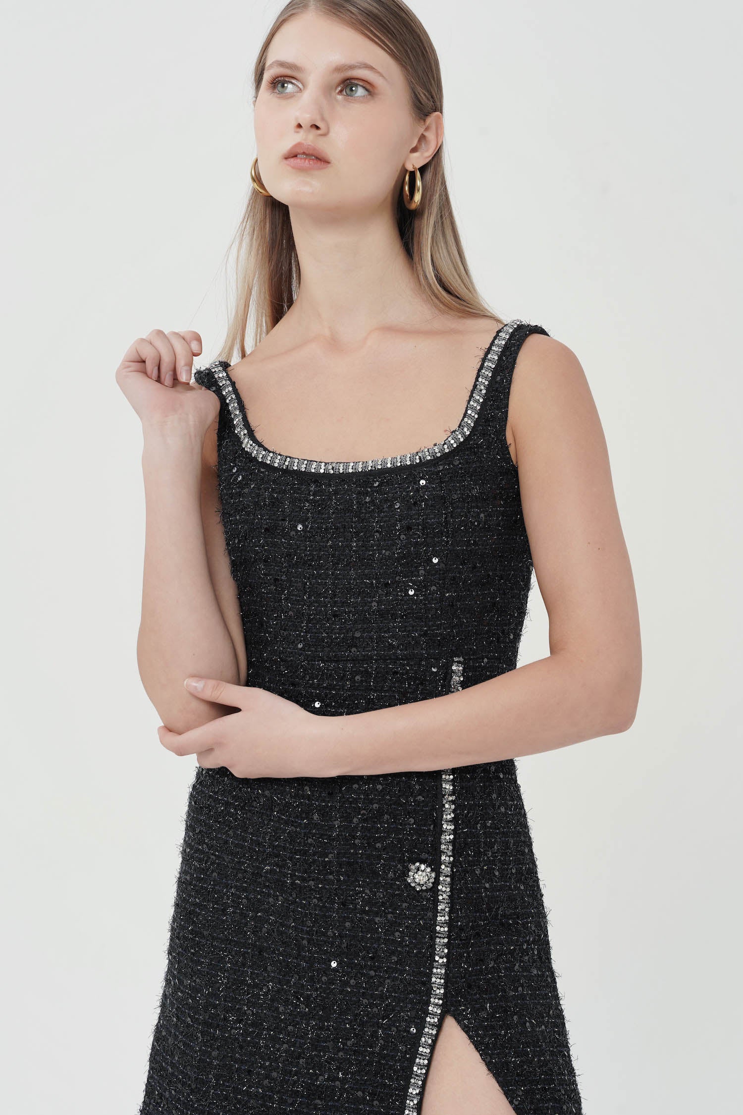 Cyra Embellished Tweed Mini Dress In Black