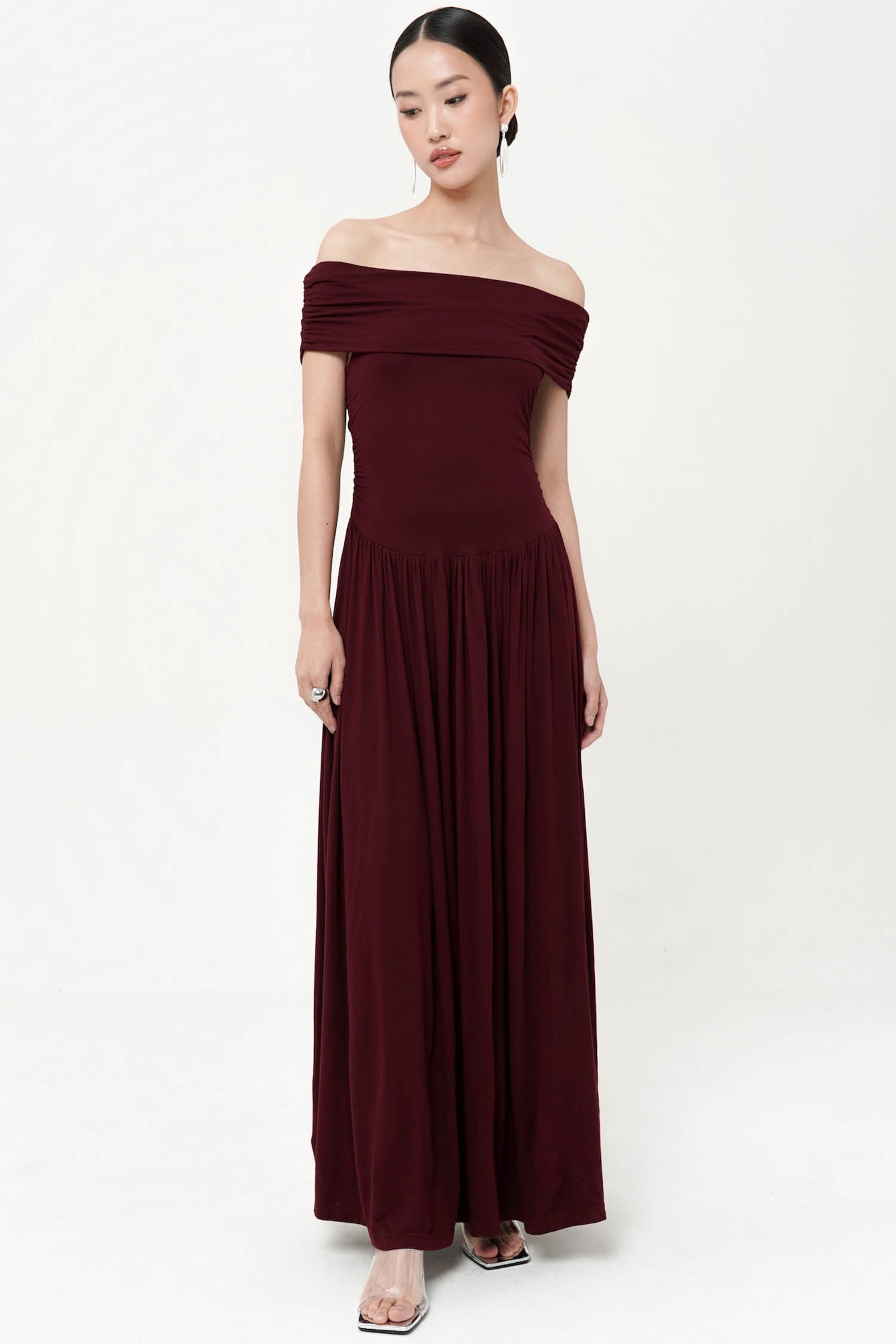 Belinda Off shoulder Maxi Dress In Dark Maroon